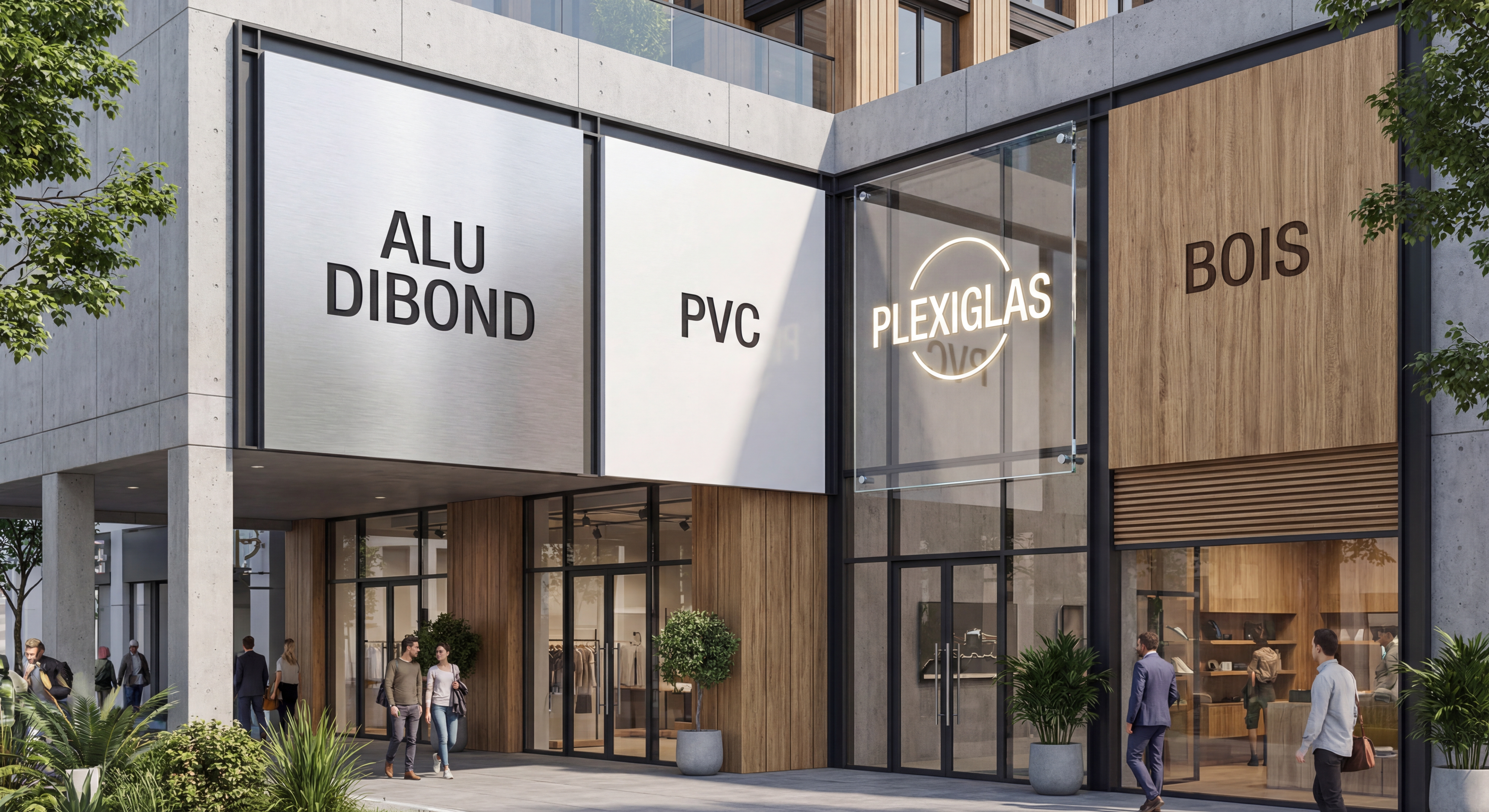 Comparaison visuelle des différents matériaux d'enseignes modernes : alu dibond, PVC, plexiglas et bois sur façade commerciale contemporaine