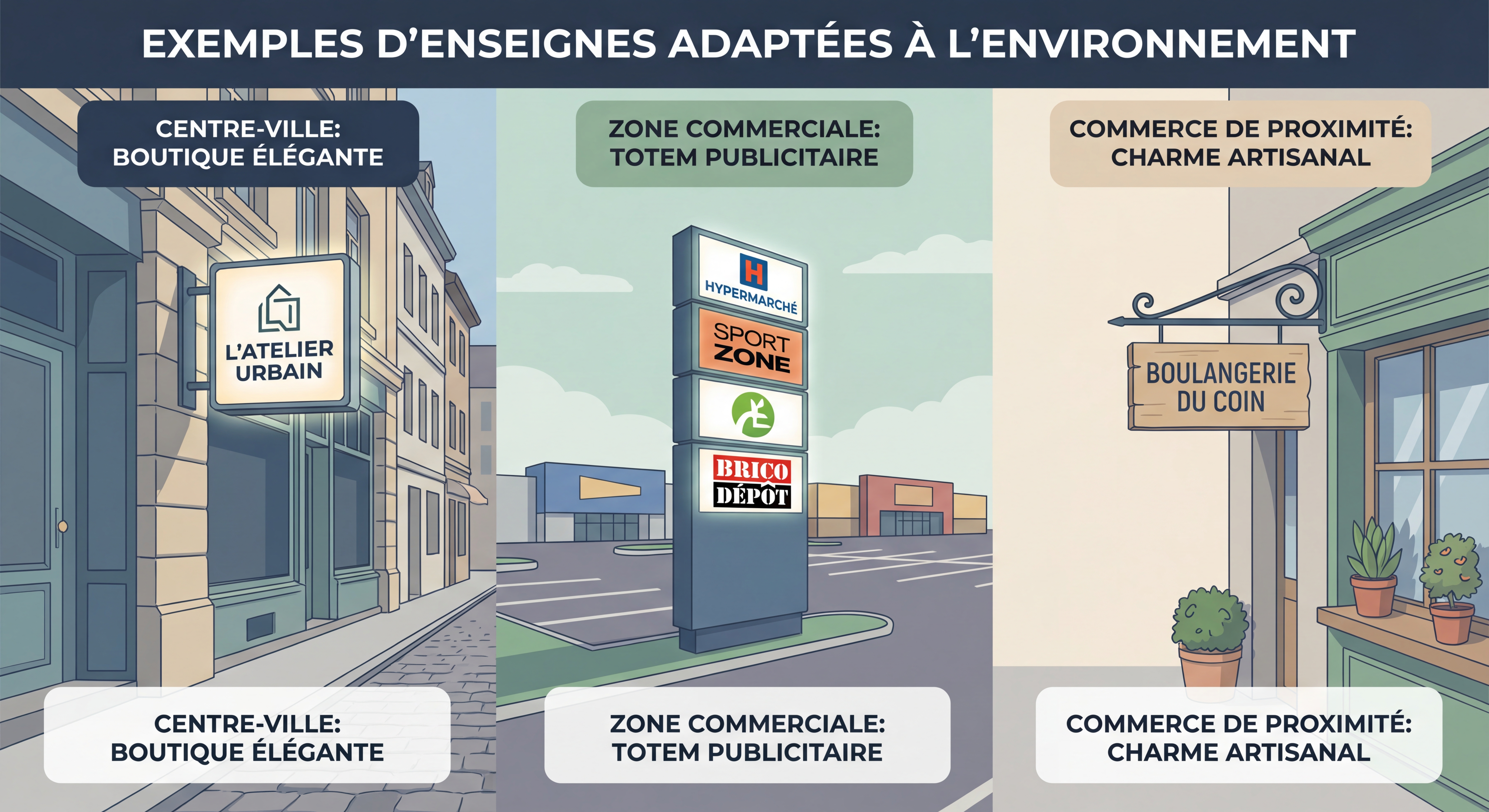 Exemples d'enseignes adaptées à différents environnements commerciaux - centre-ville, zone commerciale, et commerce de proximité