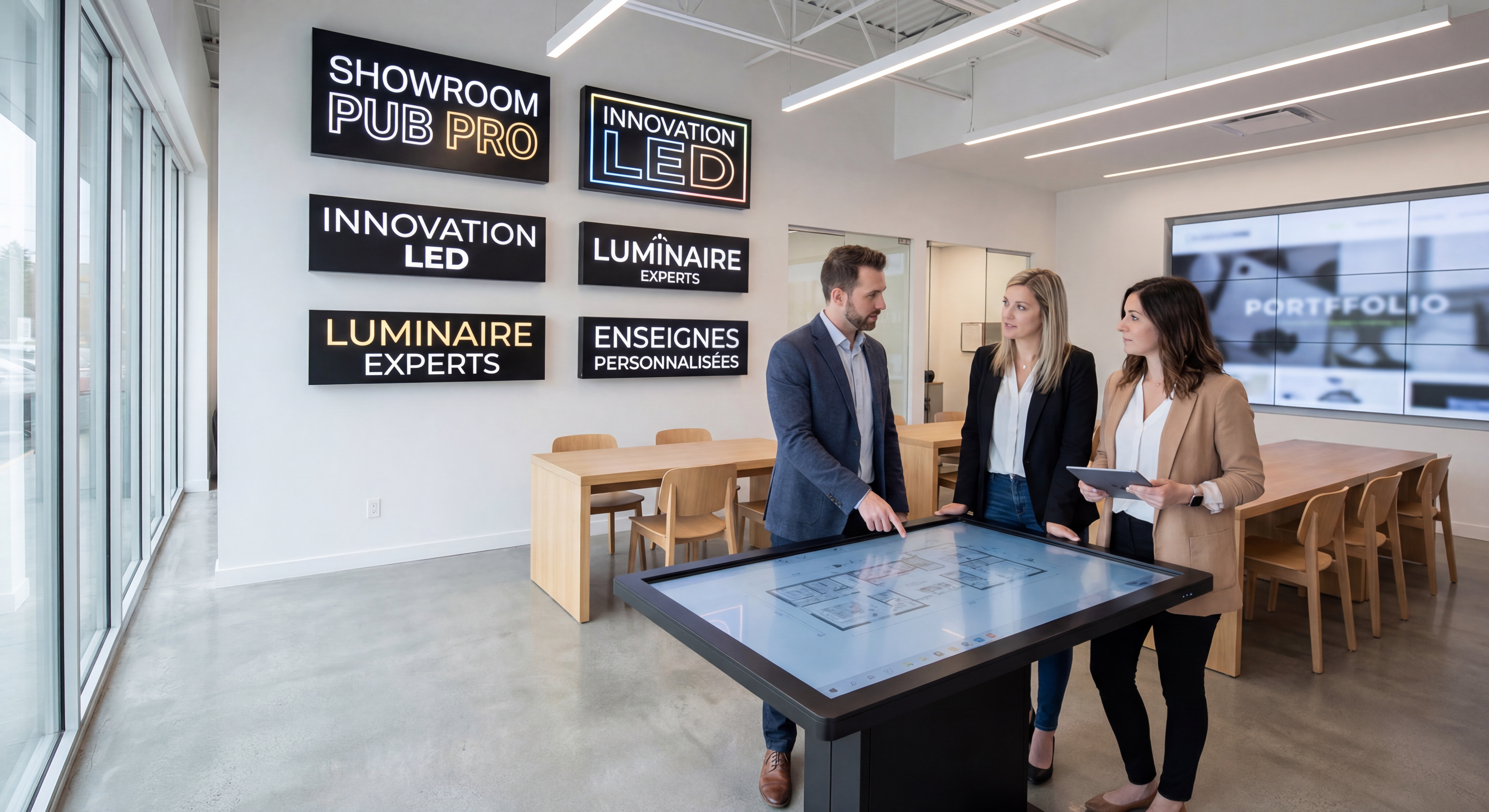 Showroom Pub Pro avec exemples d'enseignes LED modernes et équipe d'experts en action