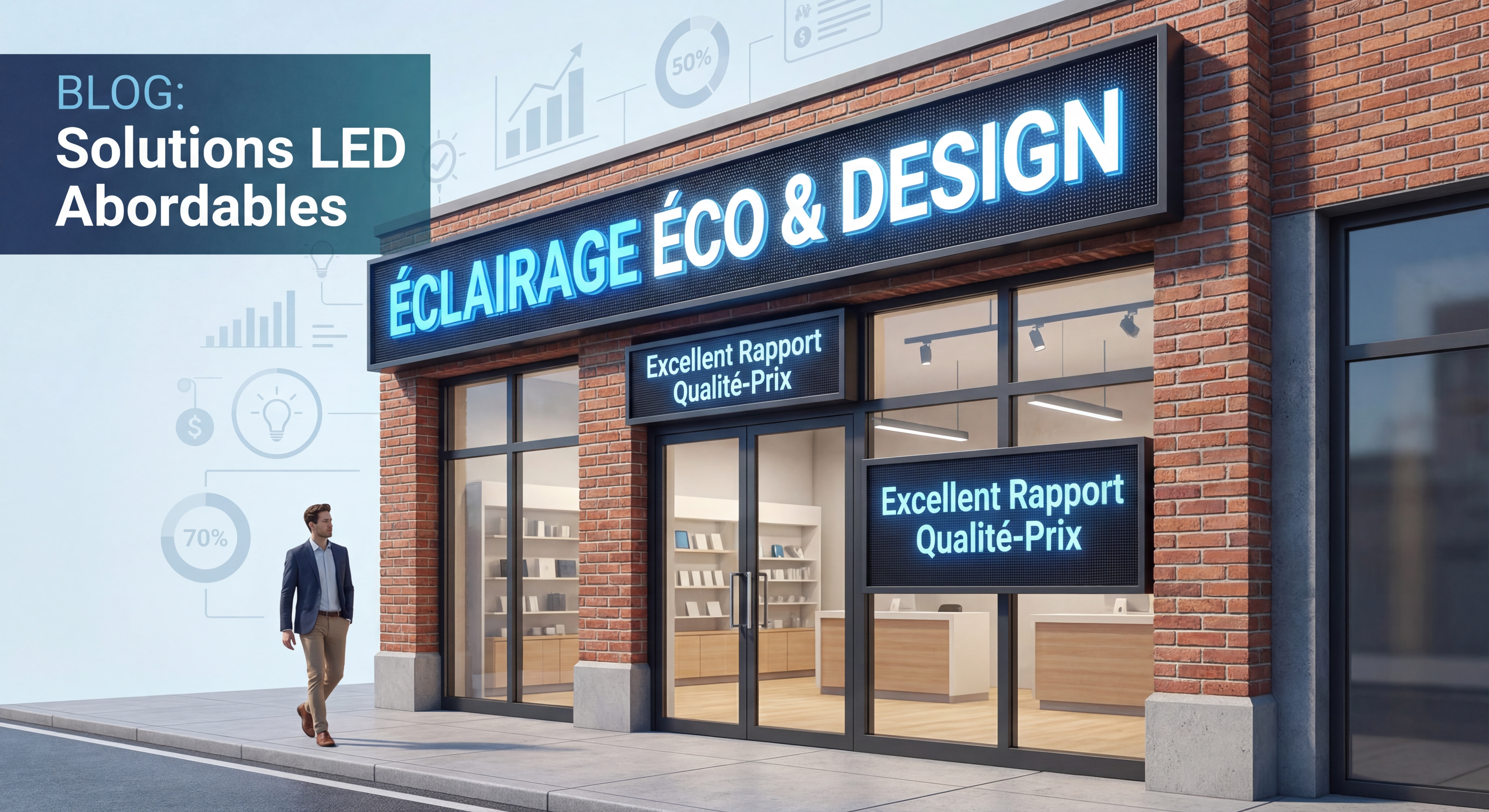 Enseigne LED moderne et économique installée sur une façade commerciale avec un excellent rapport qualité-prix