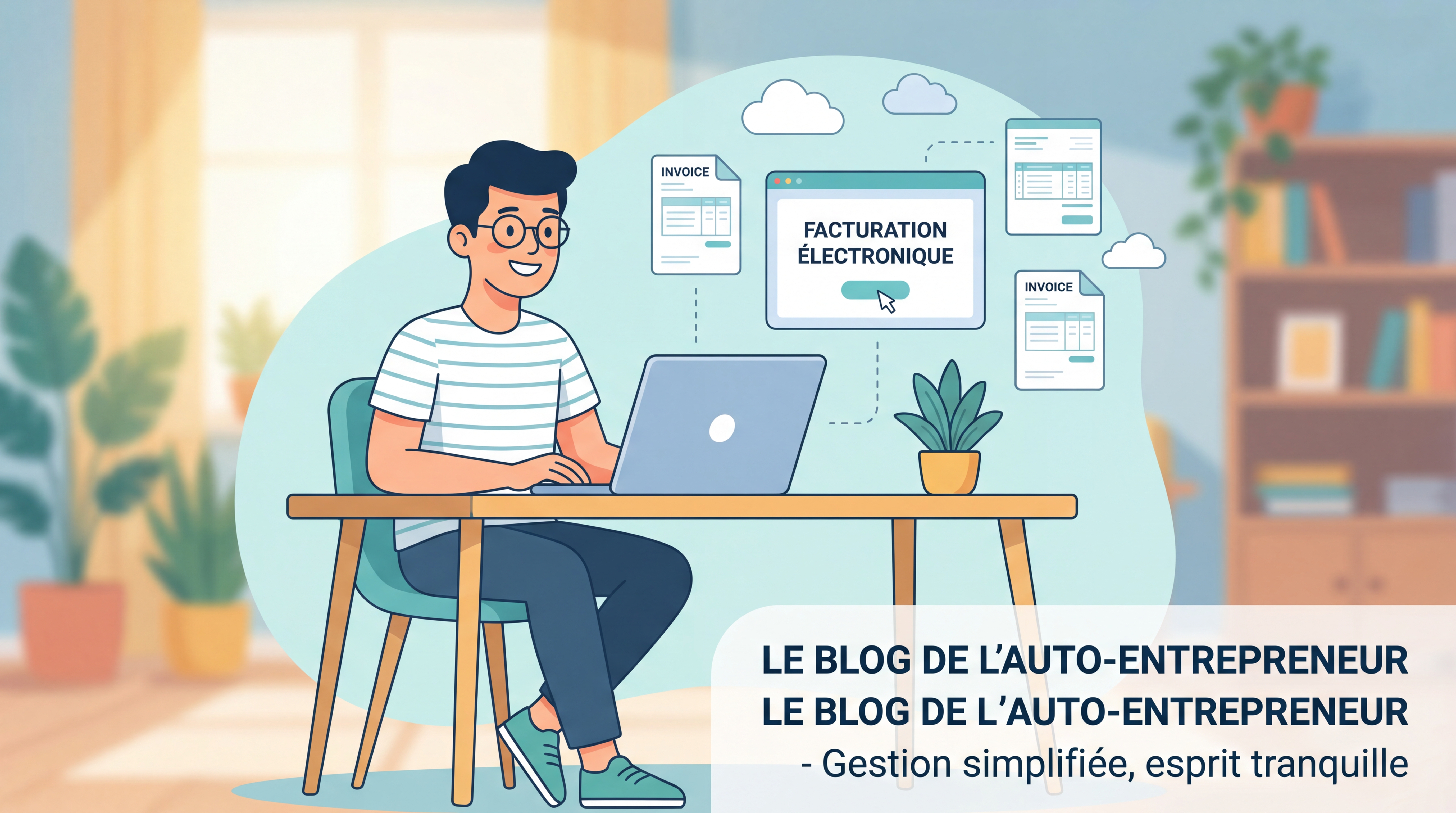 Auto-entrepreneur travaillant sur ordinateur avec des documents de facturation électronique, illustration moderne et rassurante