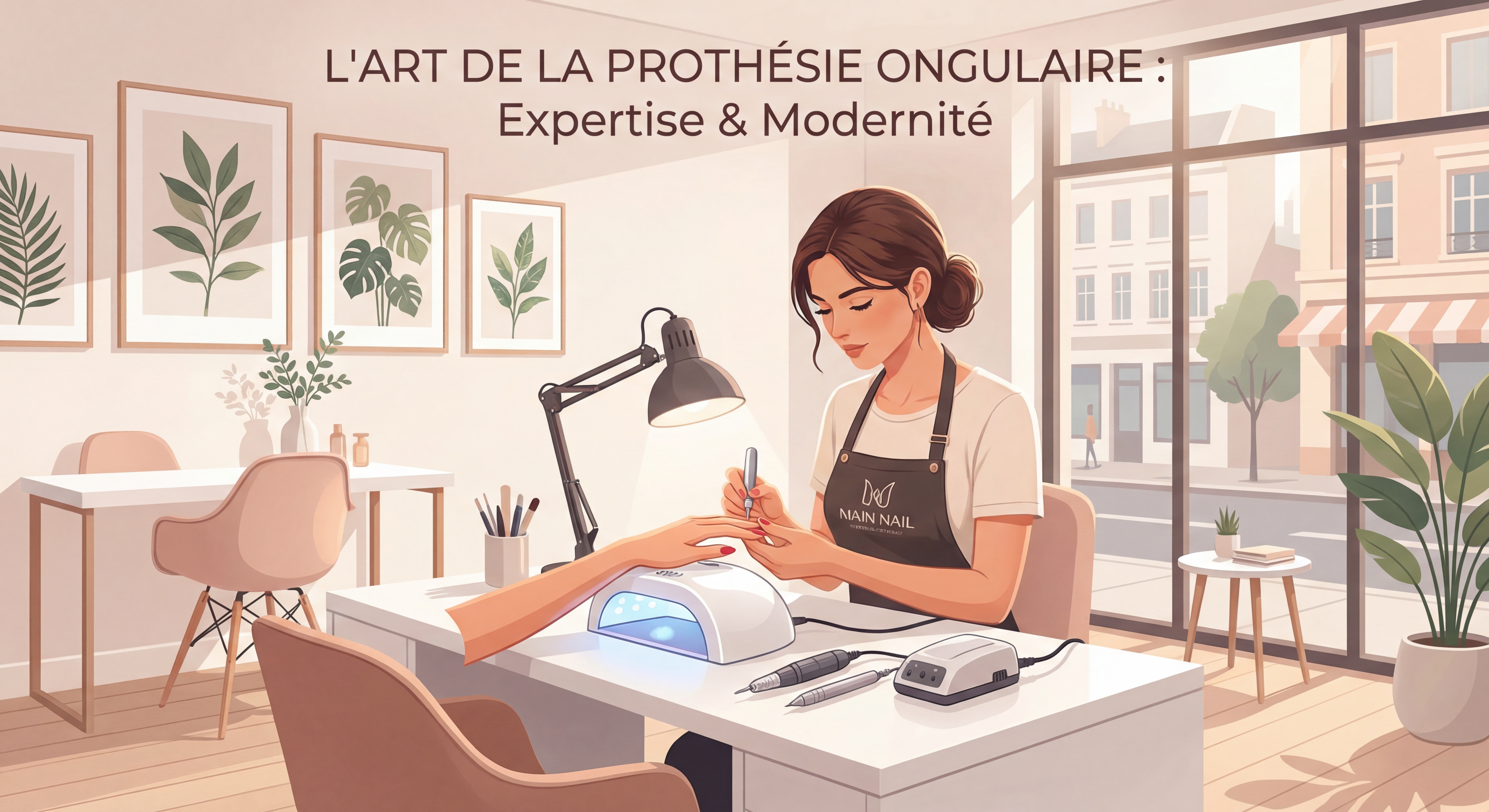Prothésiste ongulaire professionnelle travaillant dans un salon moderne avec équipement de qualité