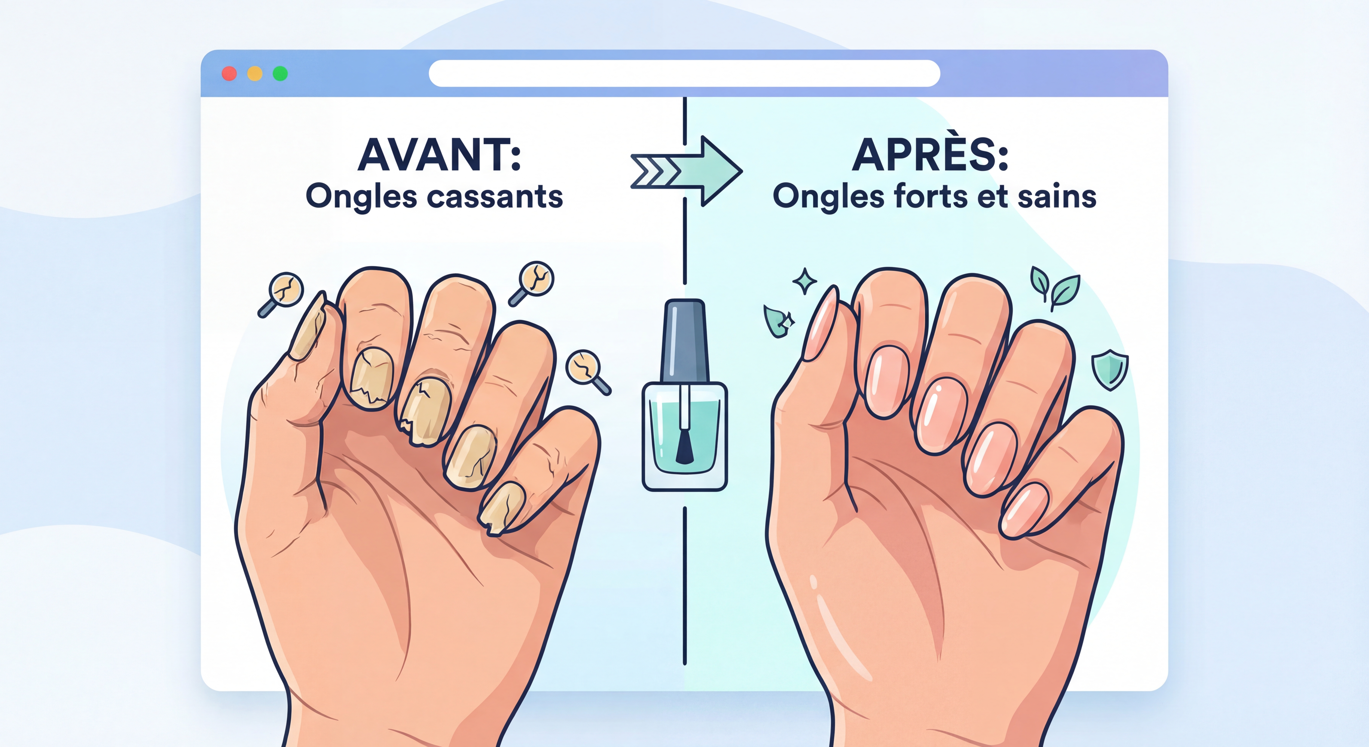 Comparaison avant/après d'ongles cassants transformés en ongles forts et sains après traitement
