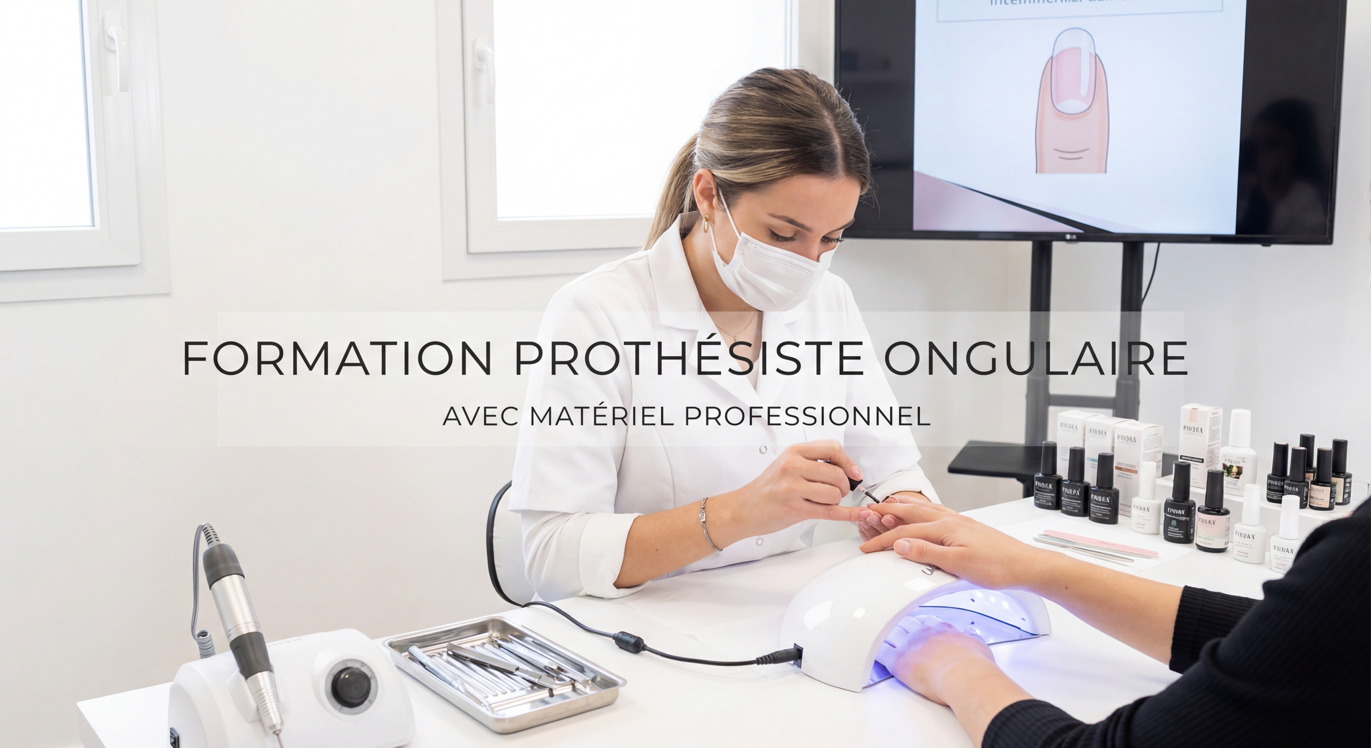 Formation prothésiste ongulaire avec matériel professionnel et étudiante pratiquant sur modèle