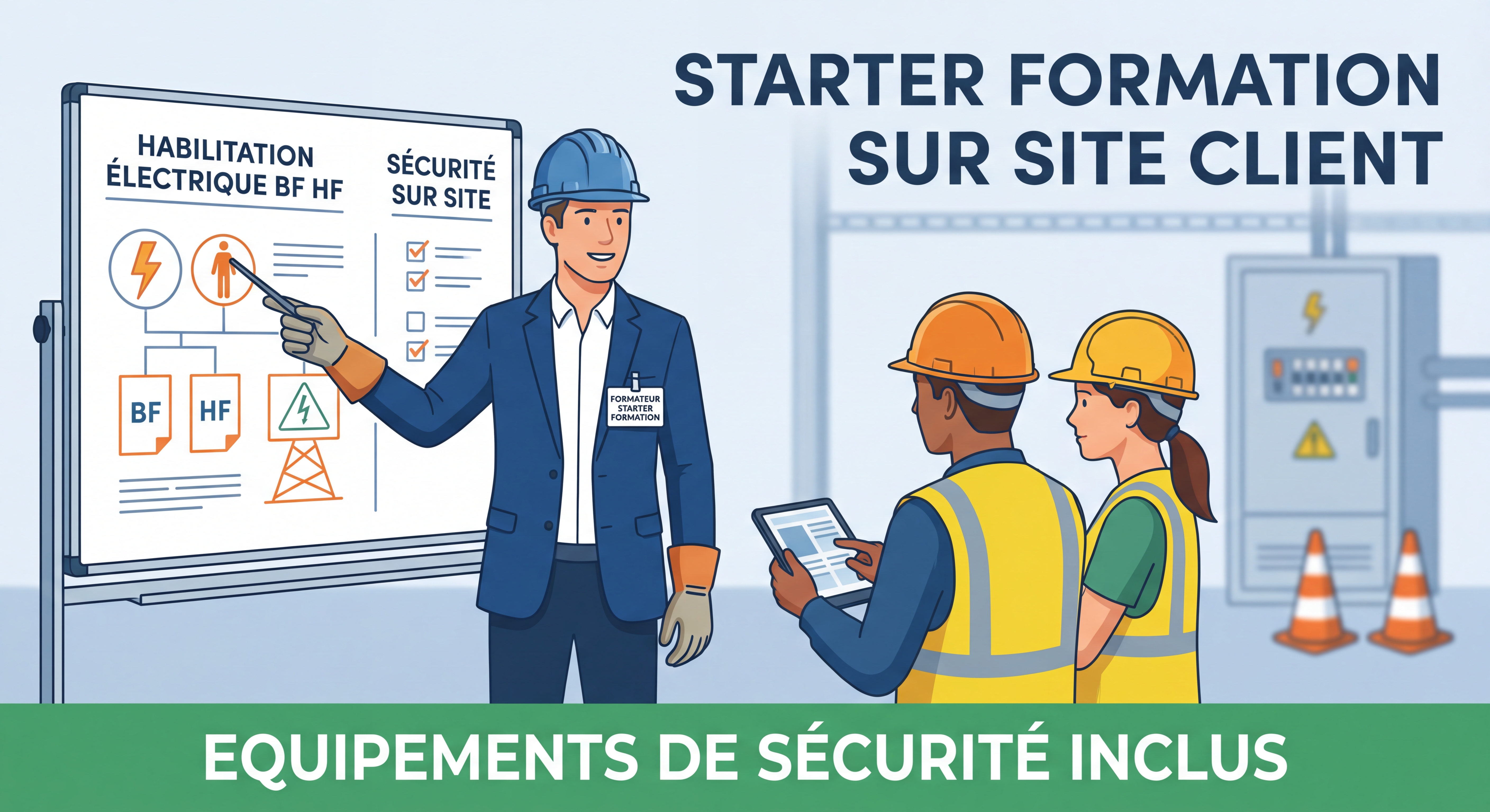 Formateur STARTER FORMATION dispensant une formation habilitation électrique BF HF sur site client avec équipements de sécurité