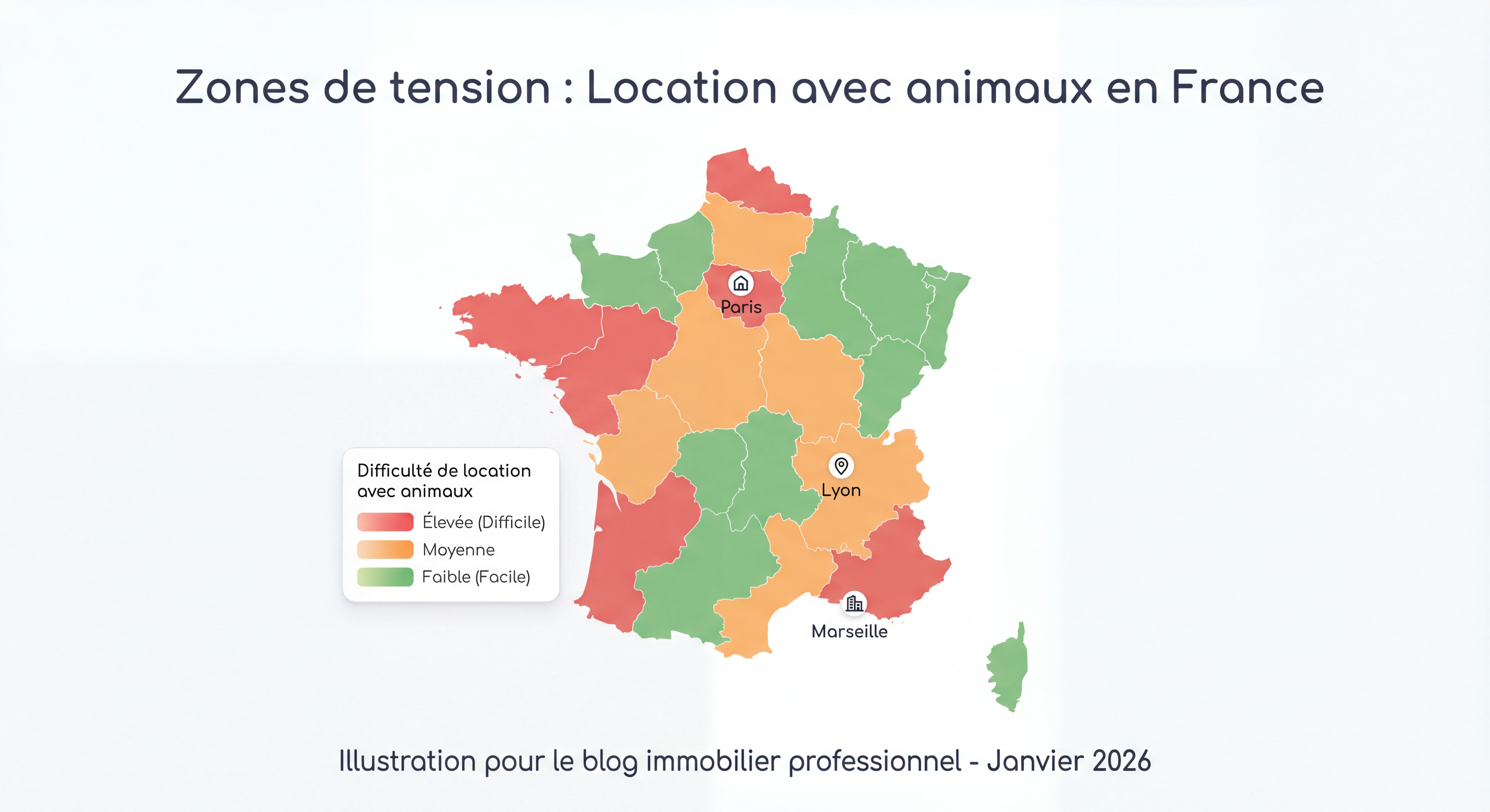Carte de France montrant les zones de tension pour la location avec animaux, avec codes couleur selon la difficulté