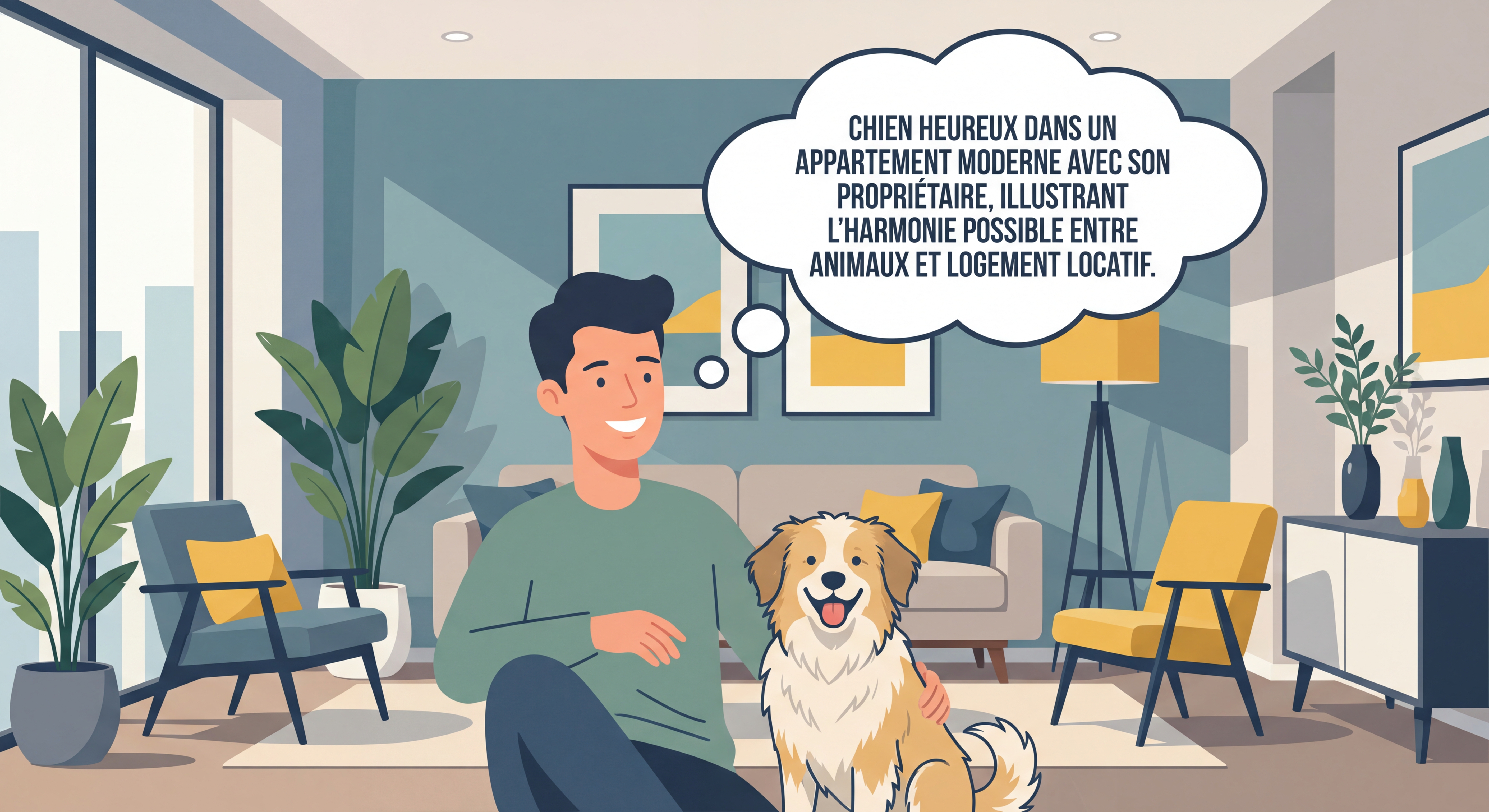 Chien heureux dans un appartement moderne avec son propriétaire, illustrant l'harmonie possible entre animaux et logement locatif