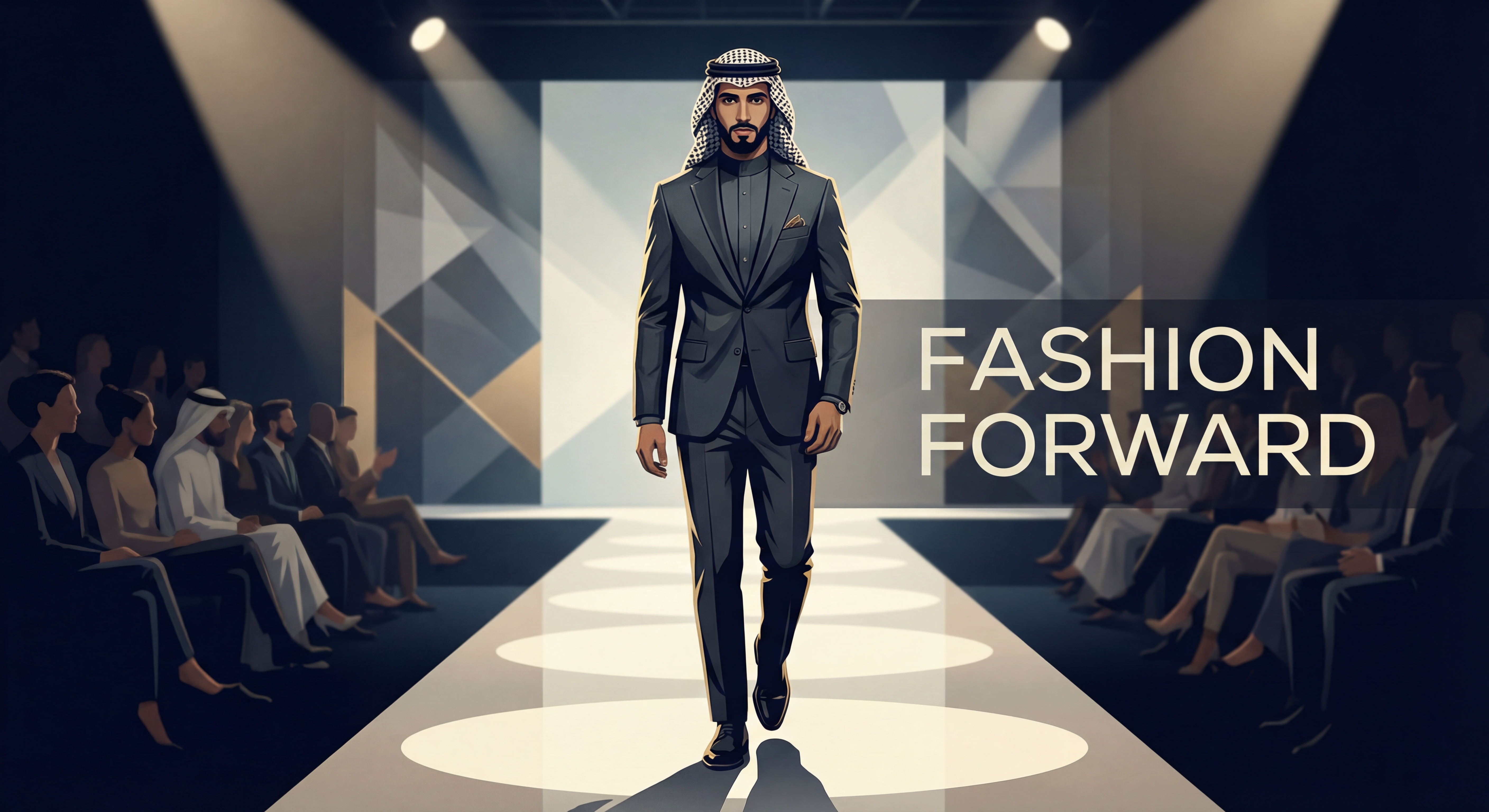 Mannequin arabe masculin défilant sur un podium de haute couture, éclairage dramatique, costume élégant