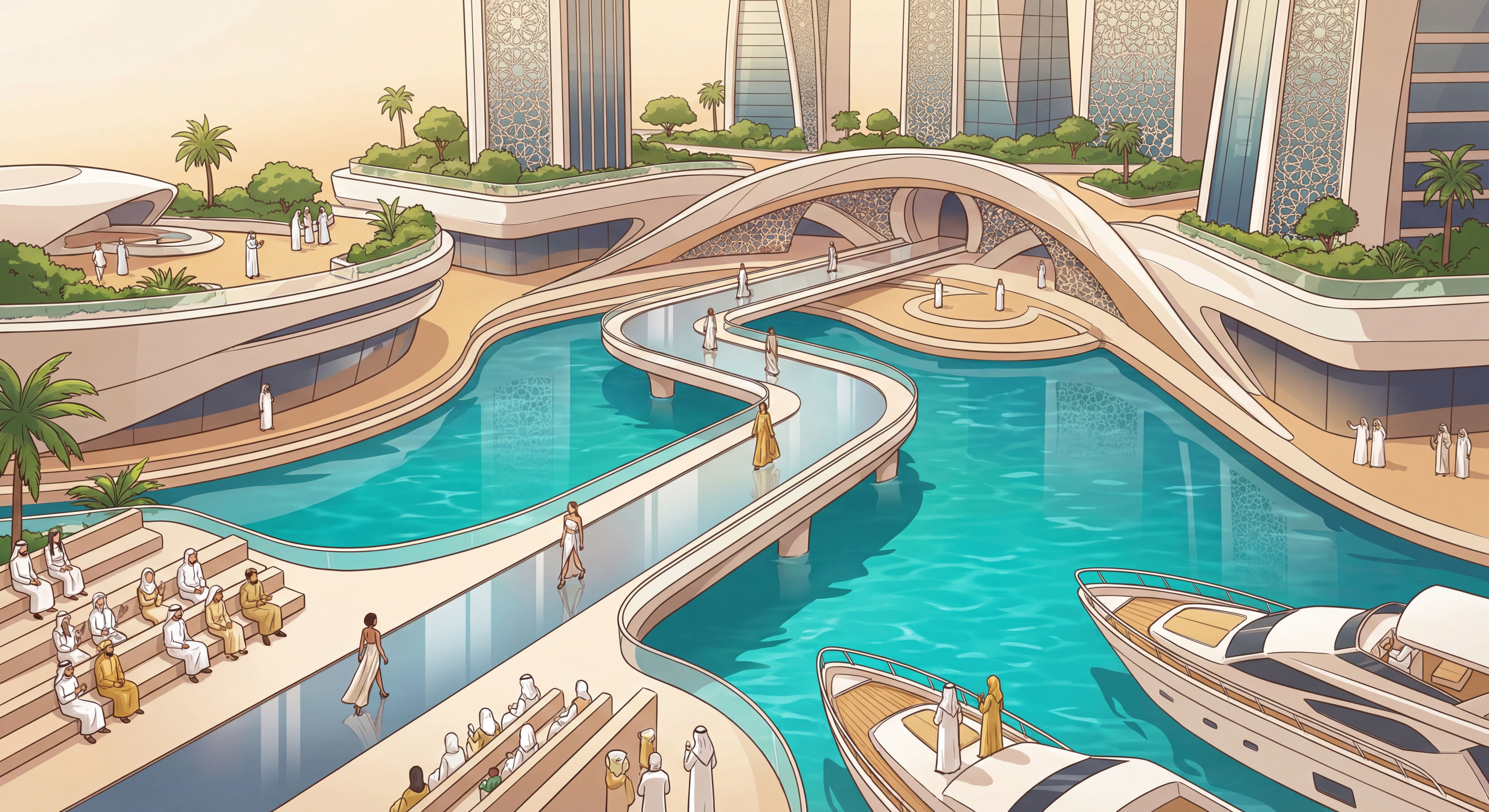 Vue aérienne d'un défilé de mode dans un setting luxueux du Golfe, architecture moderne