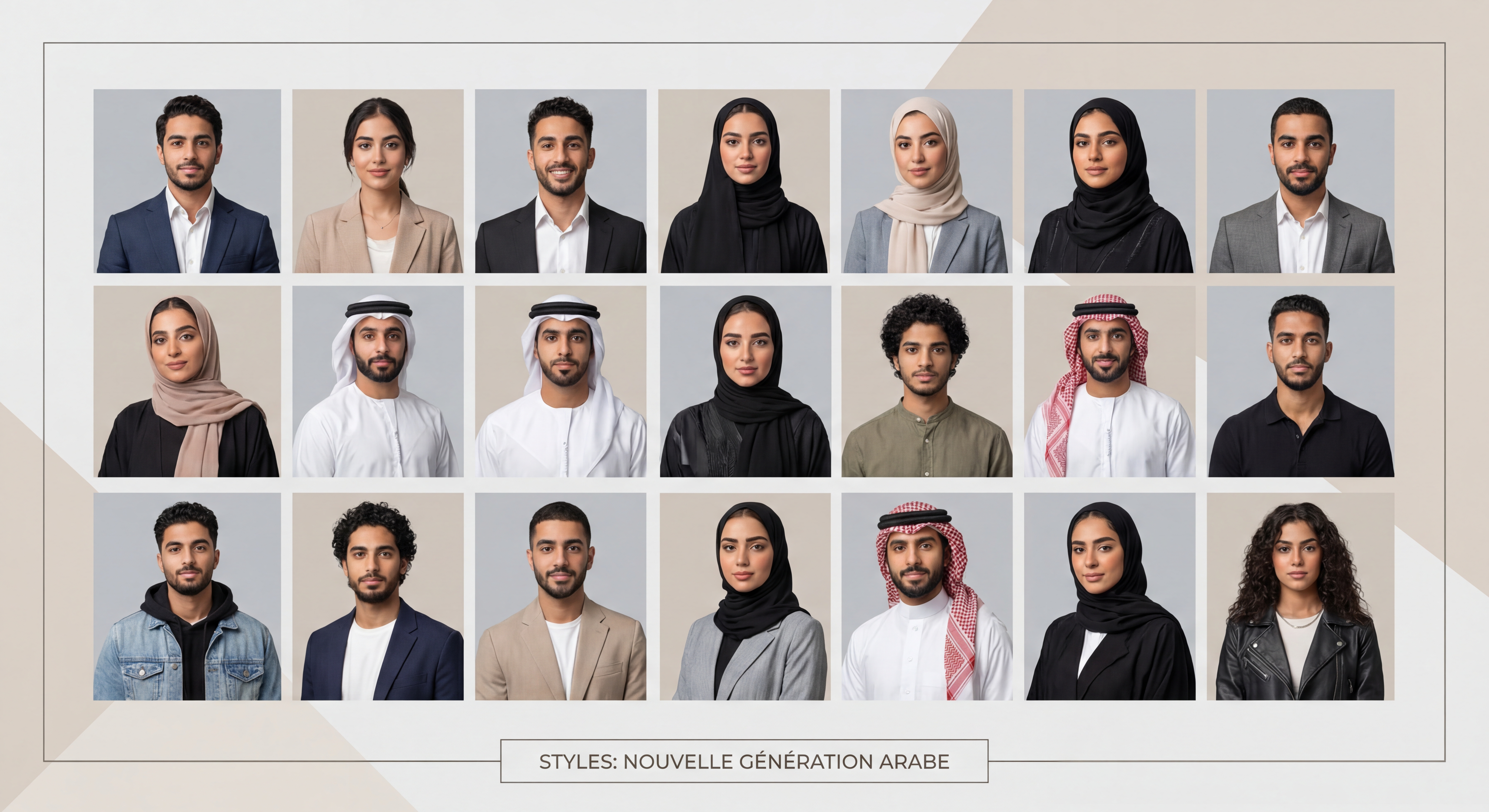 Collage de portraits de jeunes mannequins arabes en tenues variées, fond moderne minimaliste