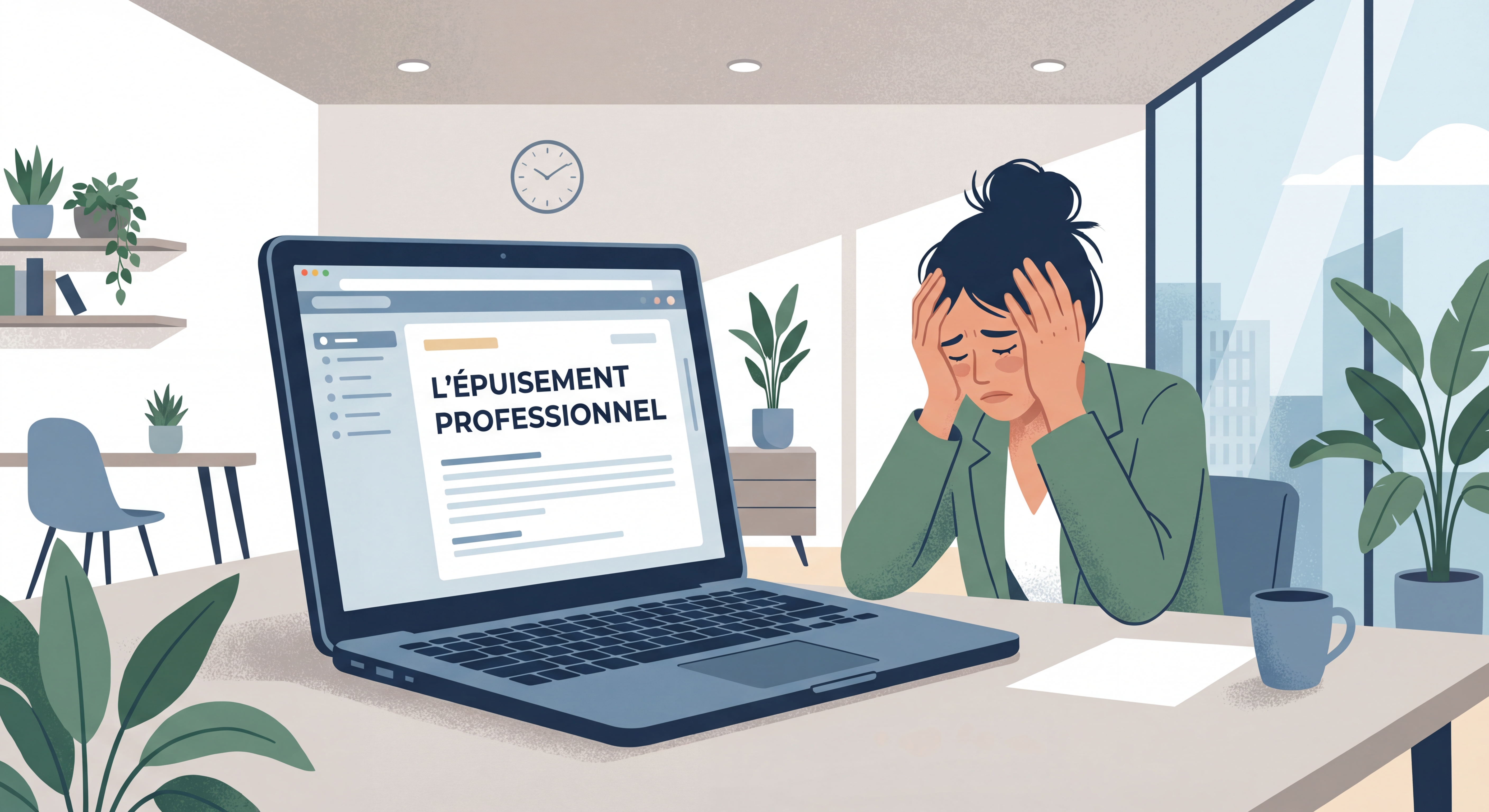 Femme épuisée au bureau tenant sa tête dans ses mains. Besoin d'un coaching burn out : soins énergétiques