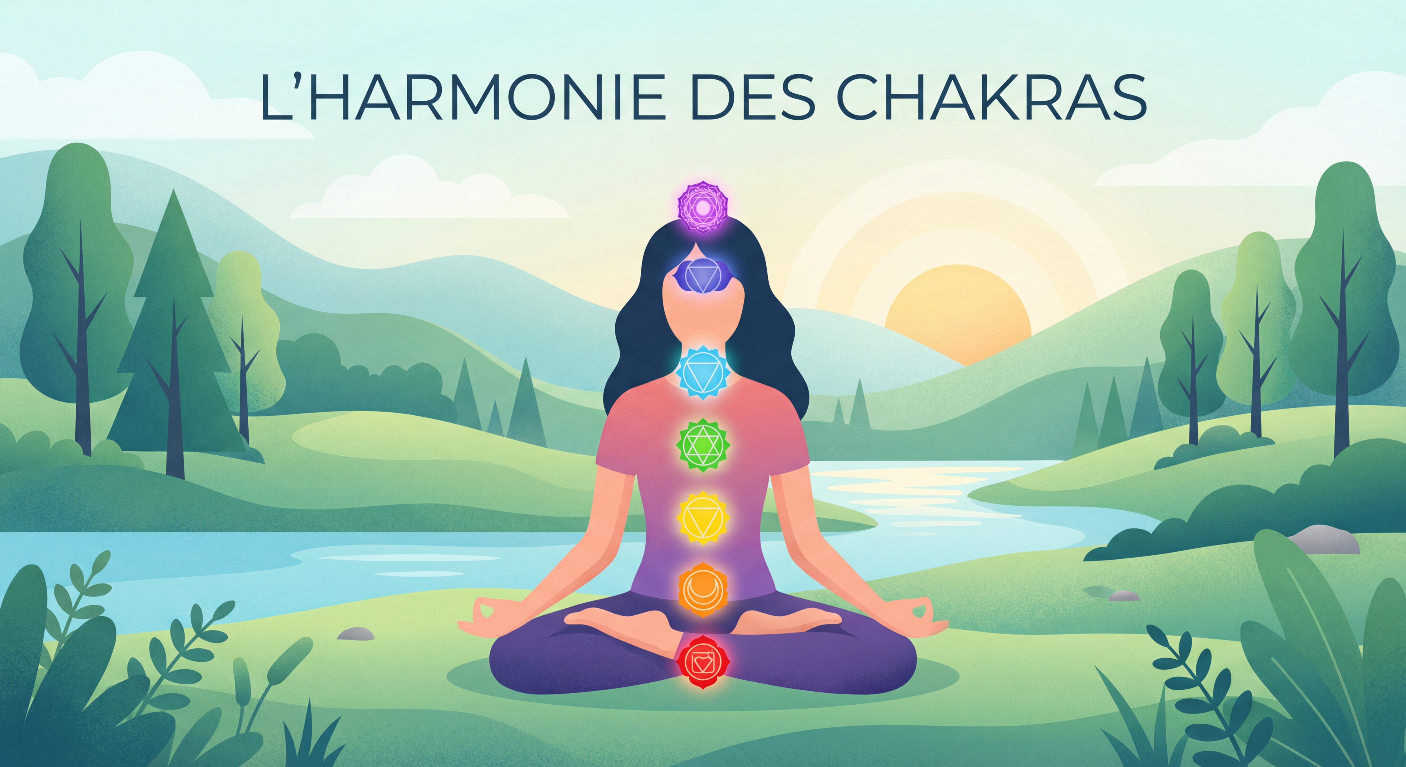 Personne en position de lotus dans la nature avec des chakras colorés alignés le long de sa colonne vertébrale