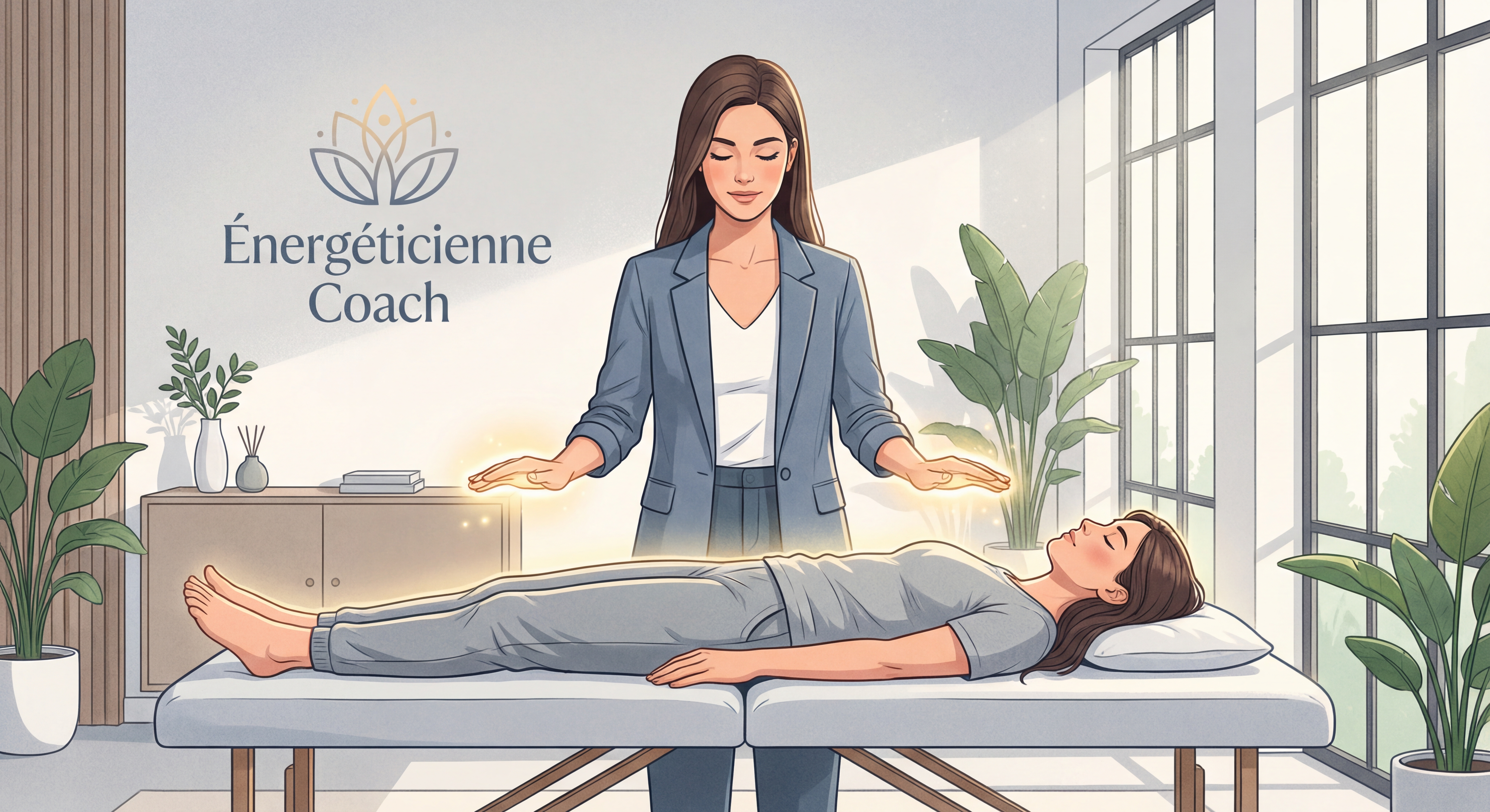 Énergéticienne coach en action avec ses mains émettant une lumière dorée vers un client allongé
