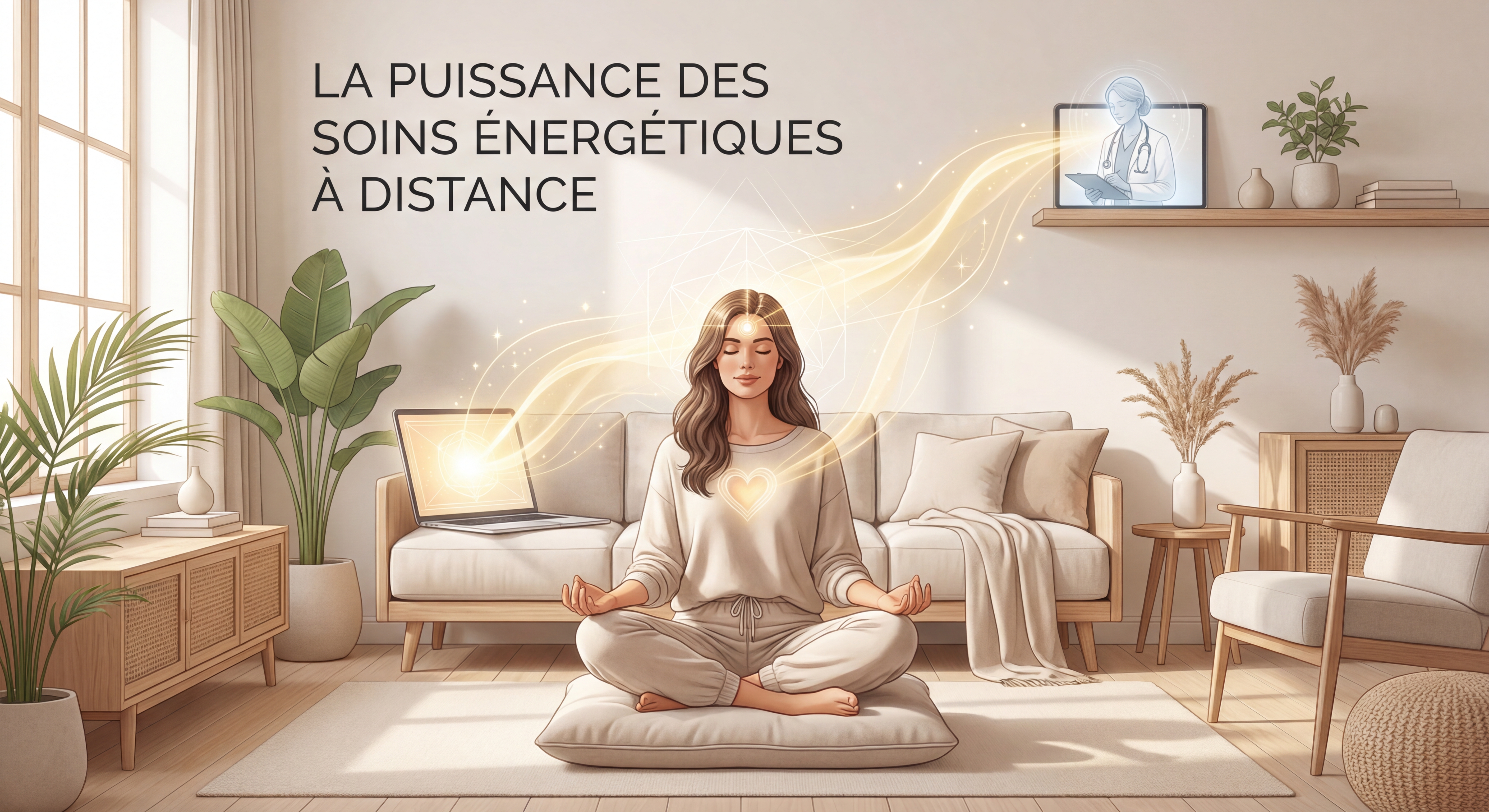 Femme en méditation chez elle recevant des soins énergétiques à distance après un coaching burn out