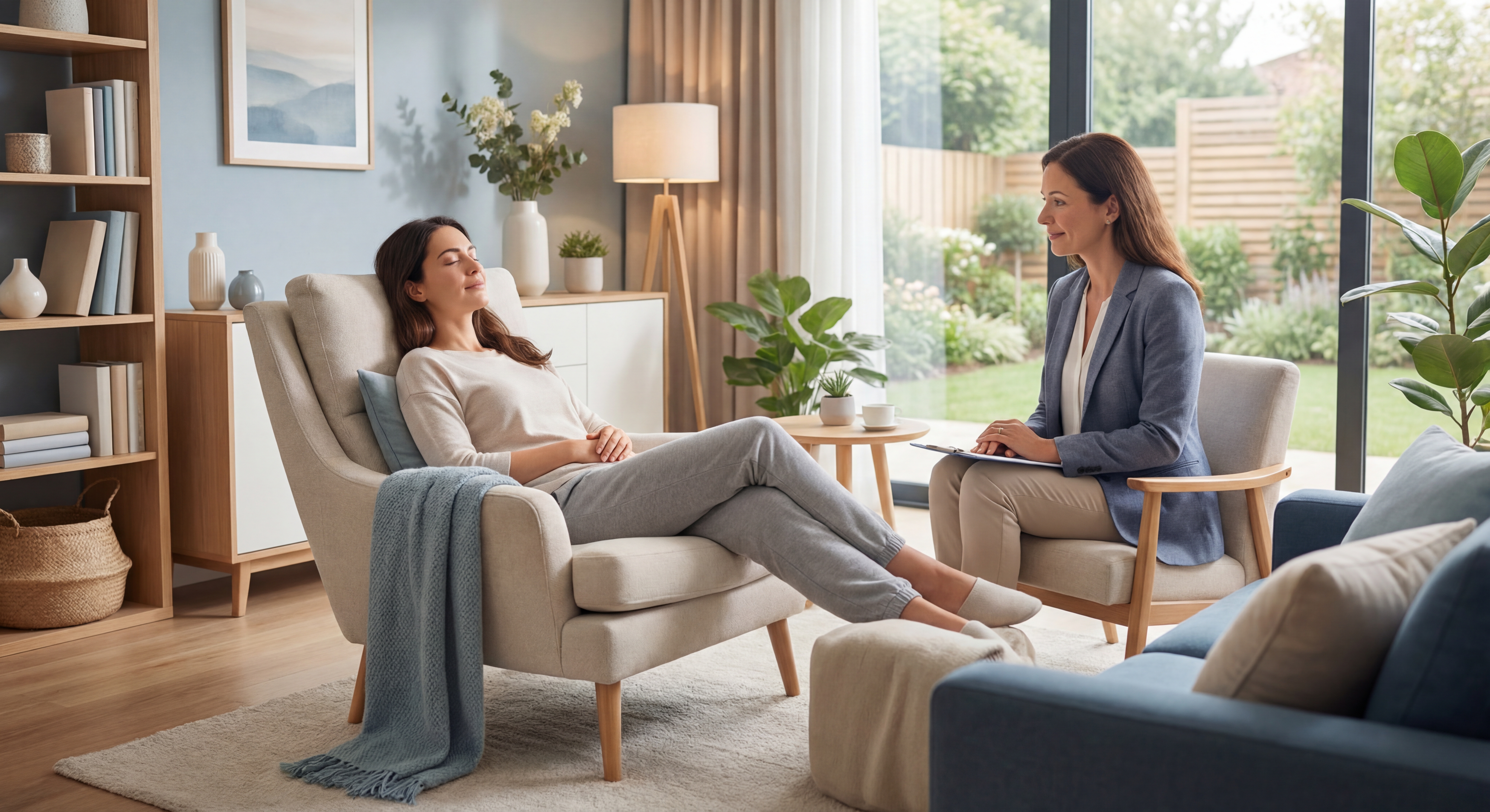 Femme détendue pendant une séance d'hypnose ericksonienne dans un cabinet thérapeutique chaleureux