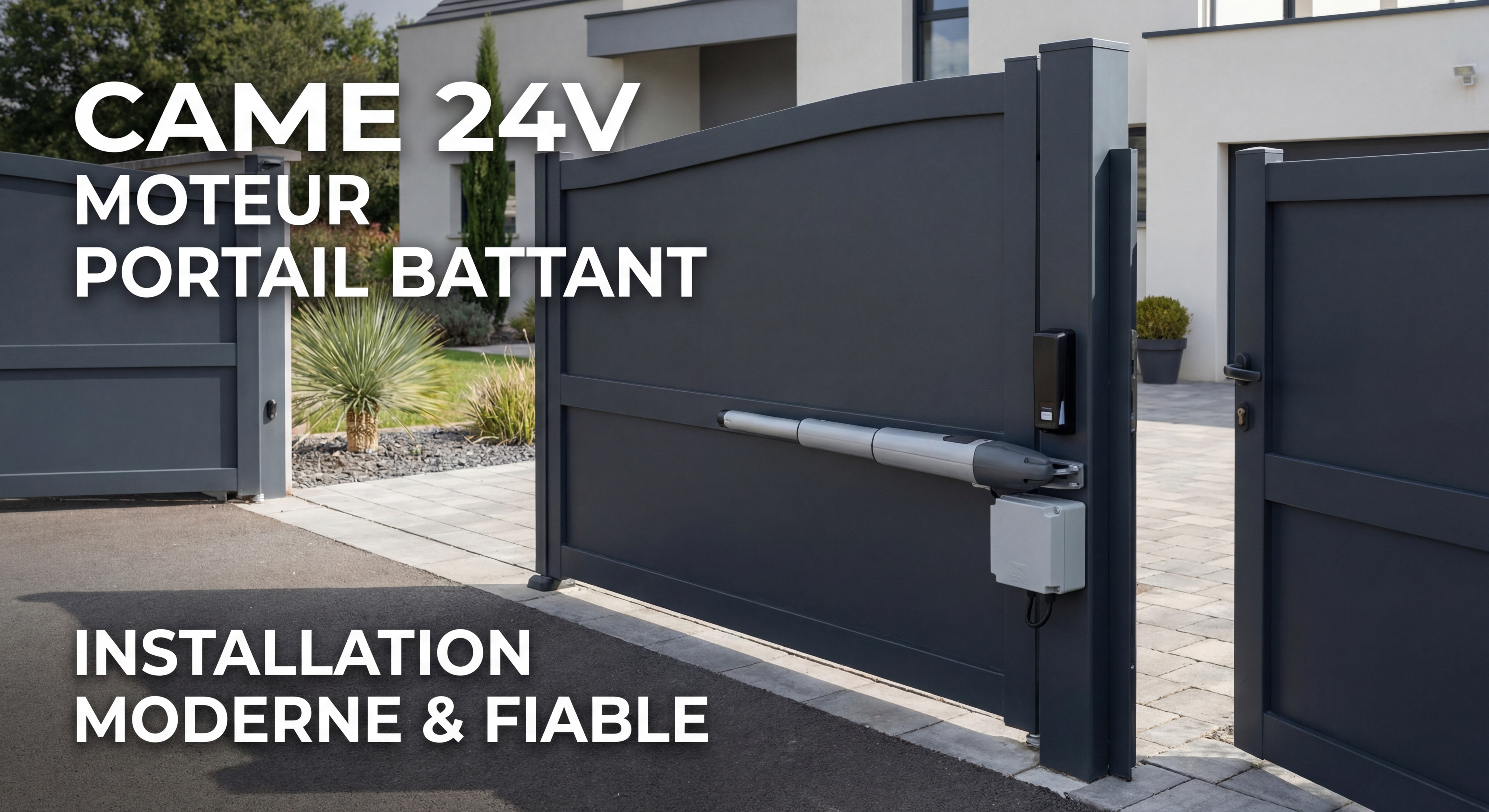 Moteur portail battant CAME 24V installé sur un portail résidentiel moderne en aluminium