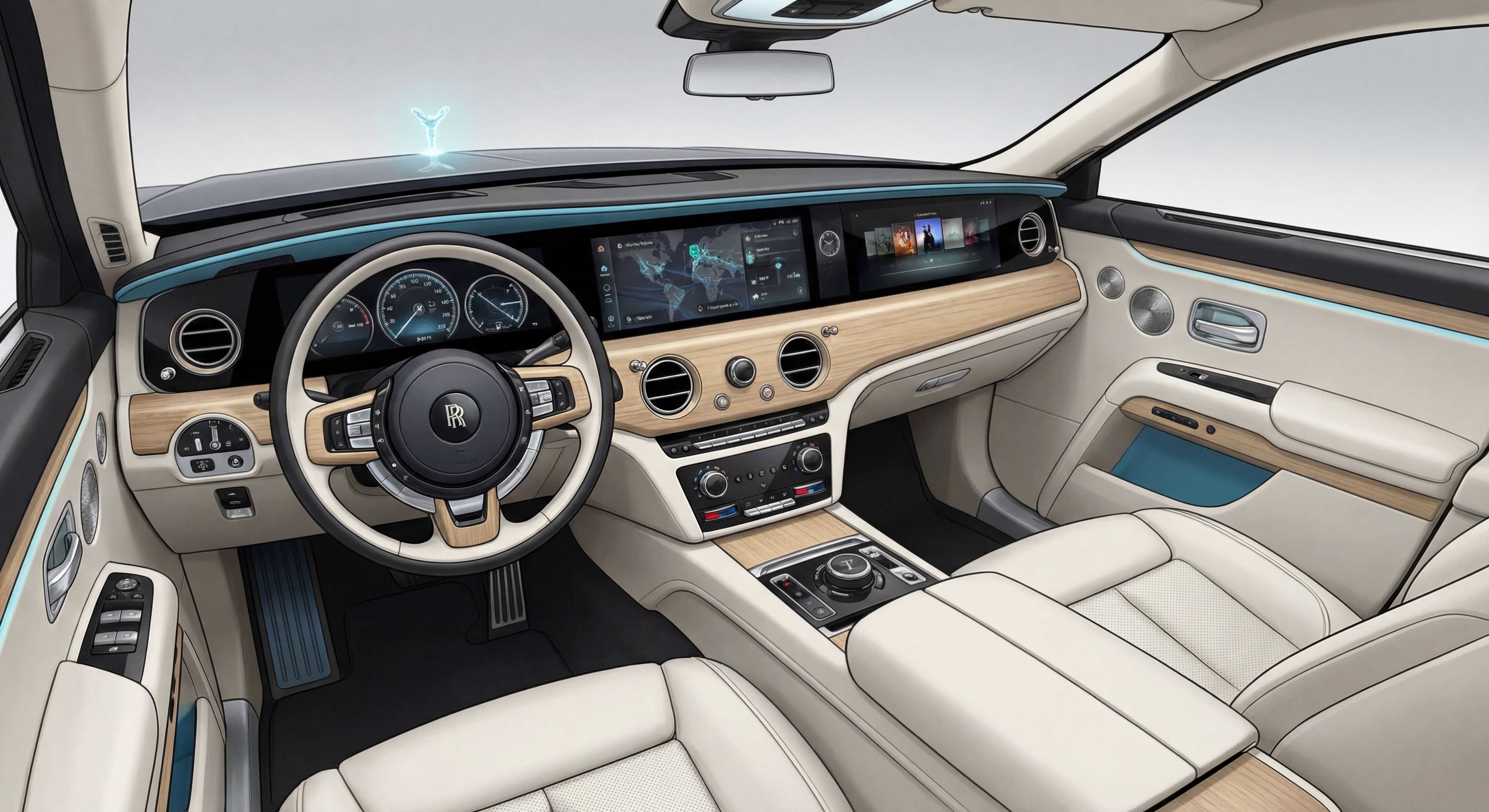 Intérieur futuriste d'une Rolls-Royce avec écrans et technologies avancées