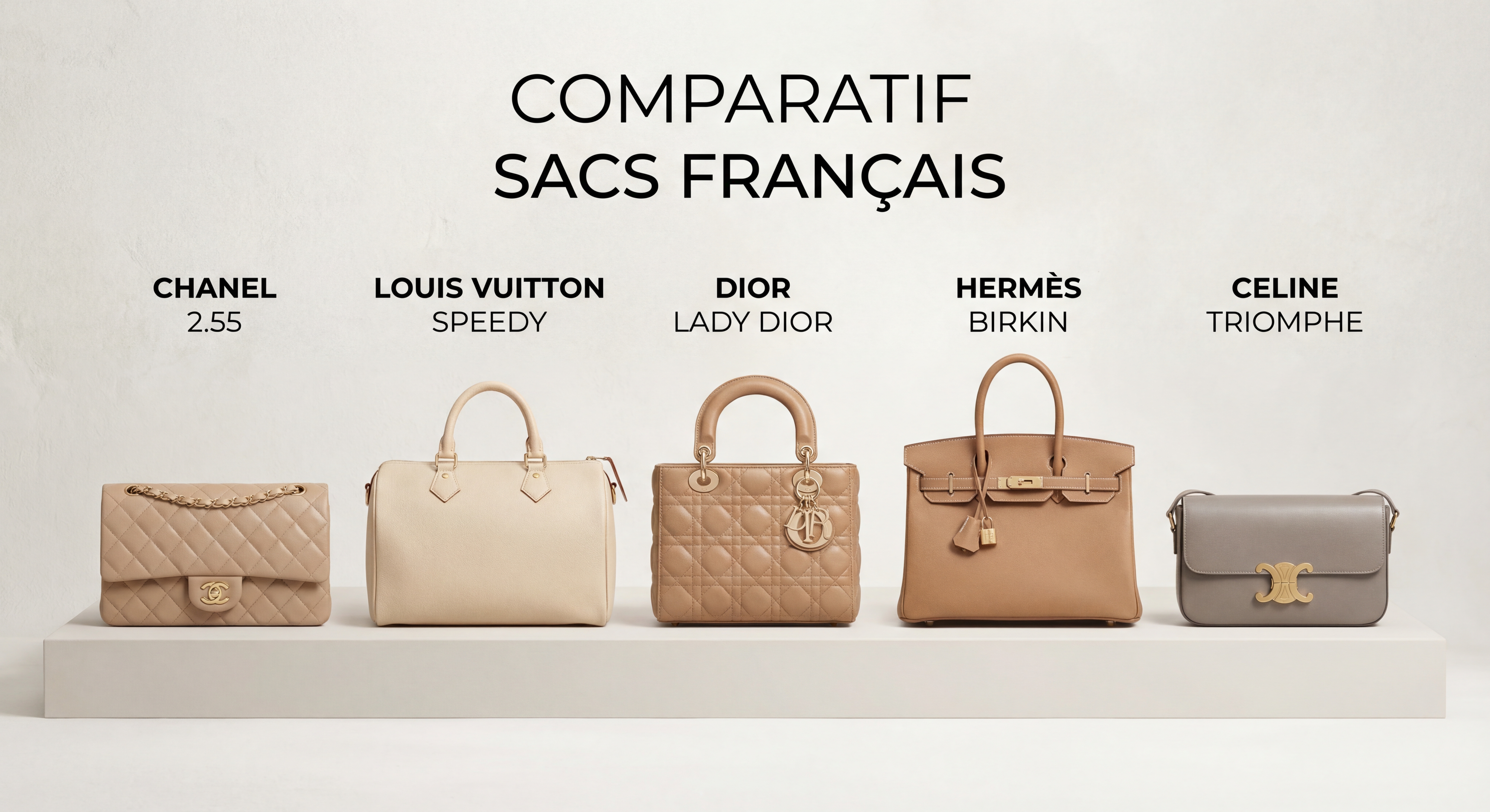 Comparaison côte à côte de sacs de différentes marques françaises sur un fond neutre