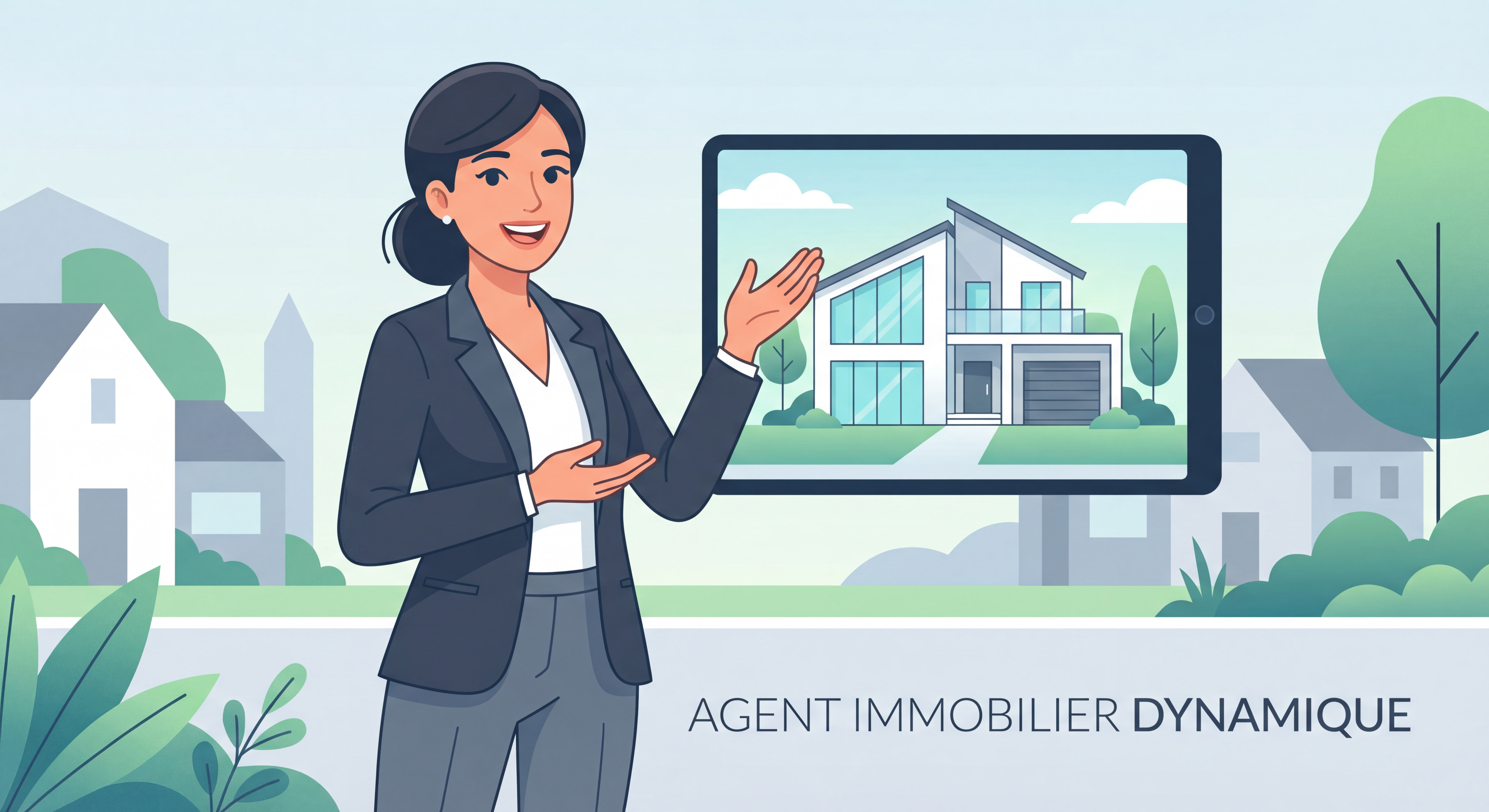 Agent immobilier dynamique présentant un bien avec enthousiasme et sourire
