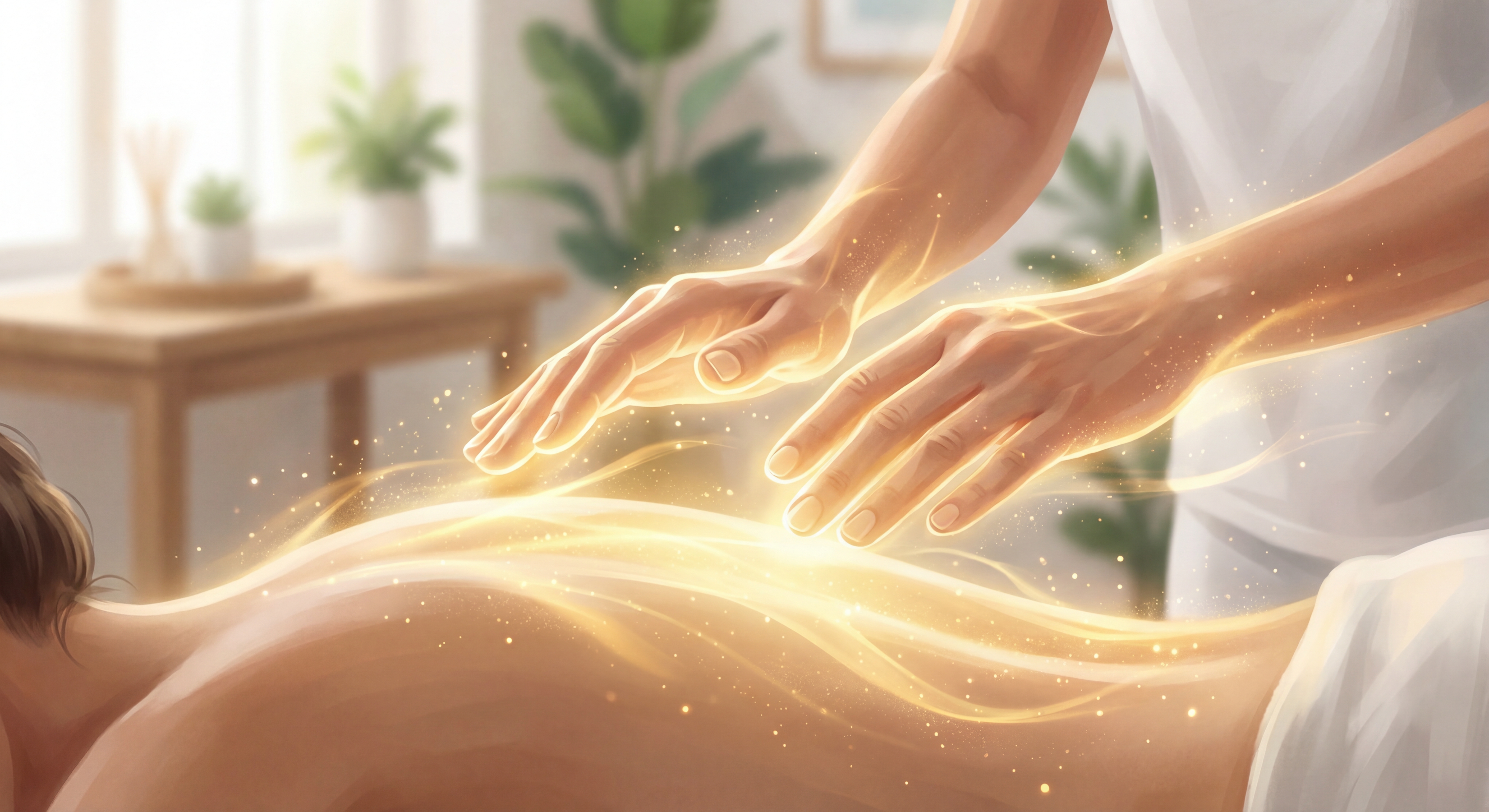 Mains dégageant une lumière dorée lors d'une séance de reiki, illustrant les soins énergétiques