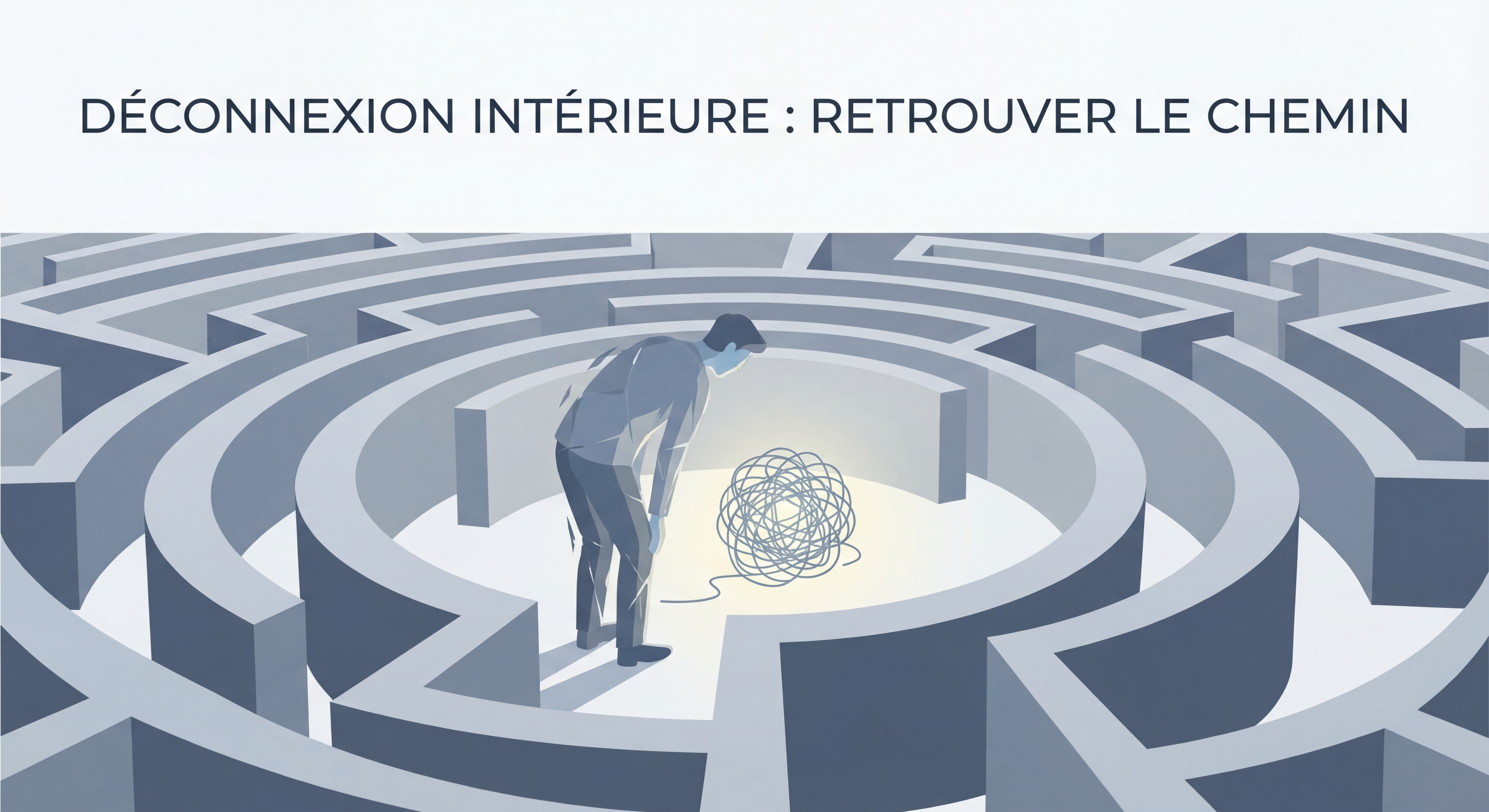 Personne perdue dans un labyrinthe, représentant la déconnexion intérieure et cherchant la reconnexion à un soi authentique.
