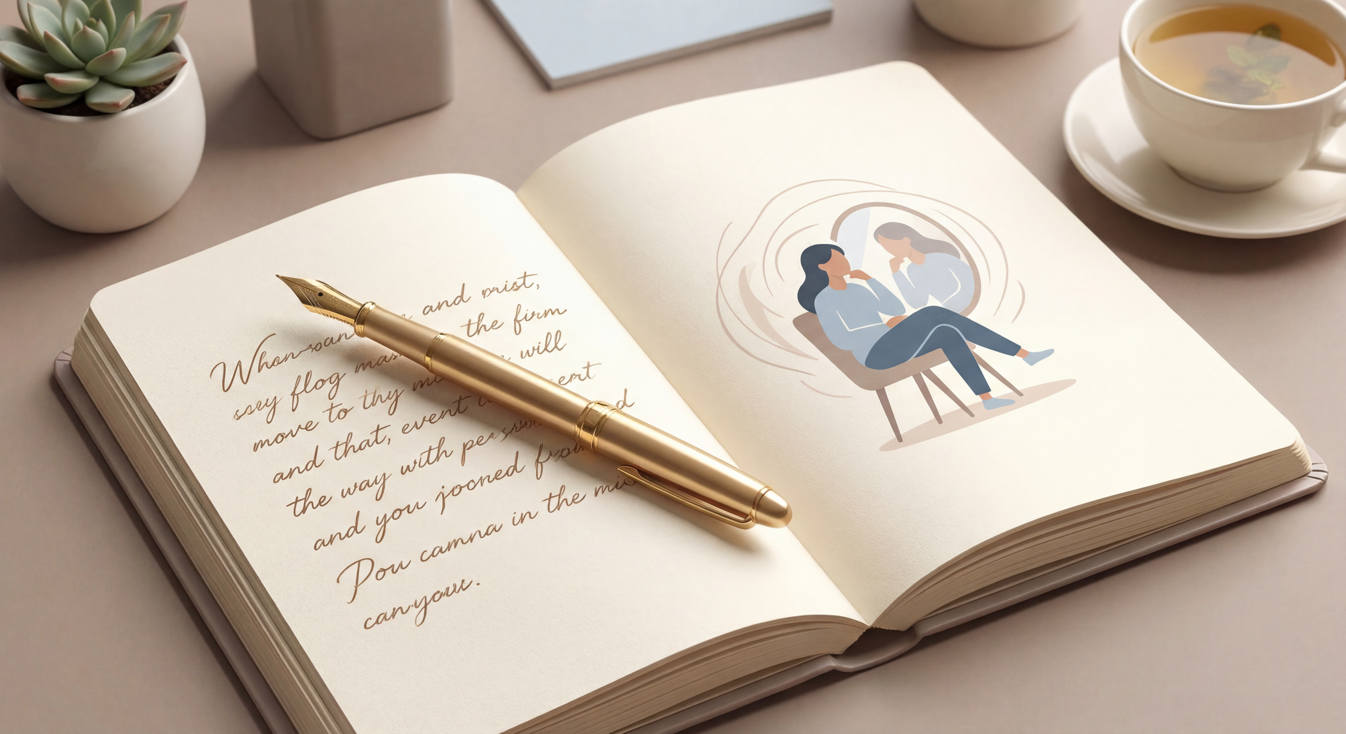 Journal ouvert avec une plume dorée, symbolisant l'introspection et l'écriture thérapeutique