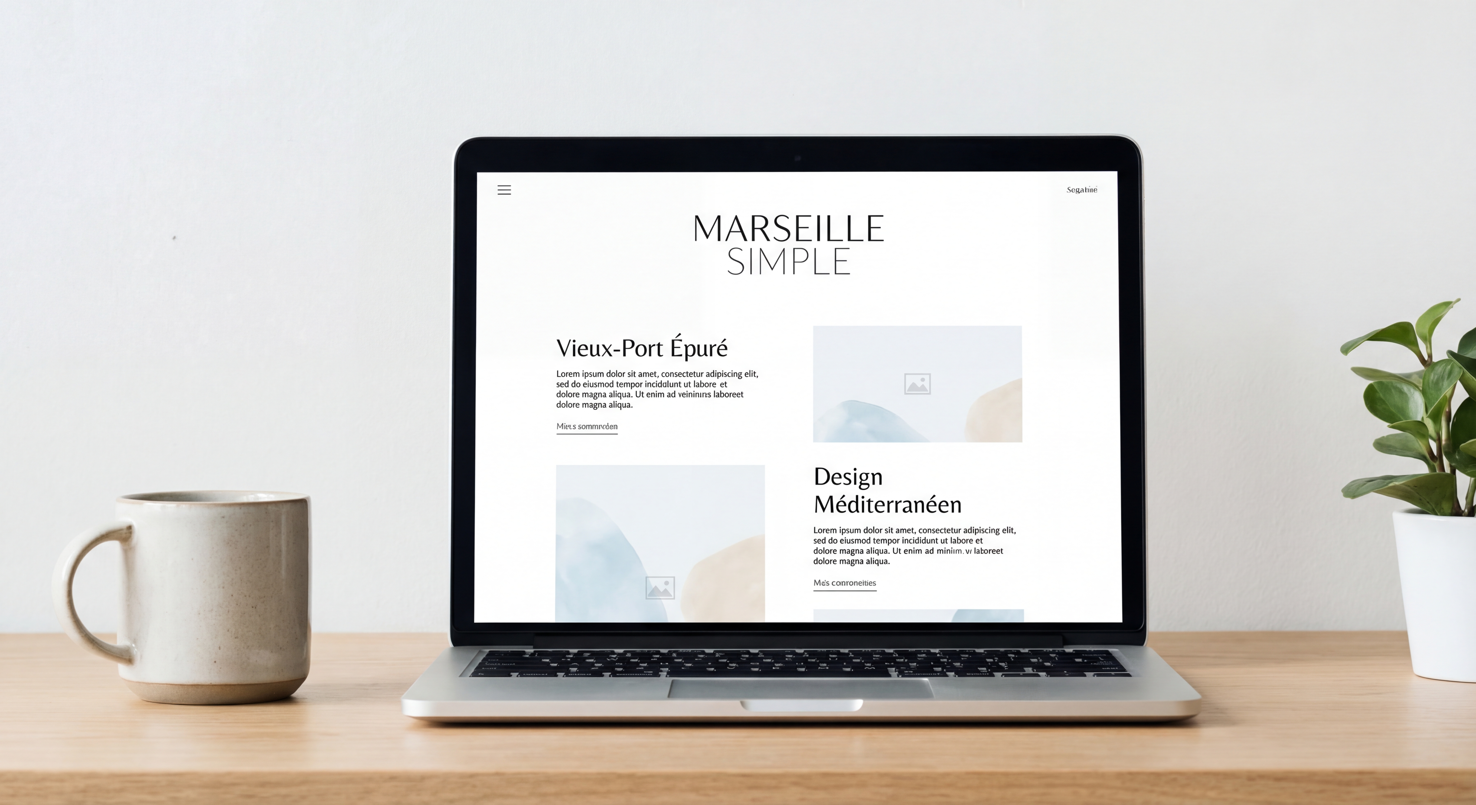 Mockup de sites web marseillais présentant des designs minimalistes avec espaces blancs généreux et typographie moderne
