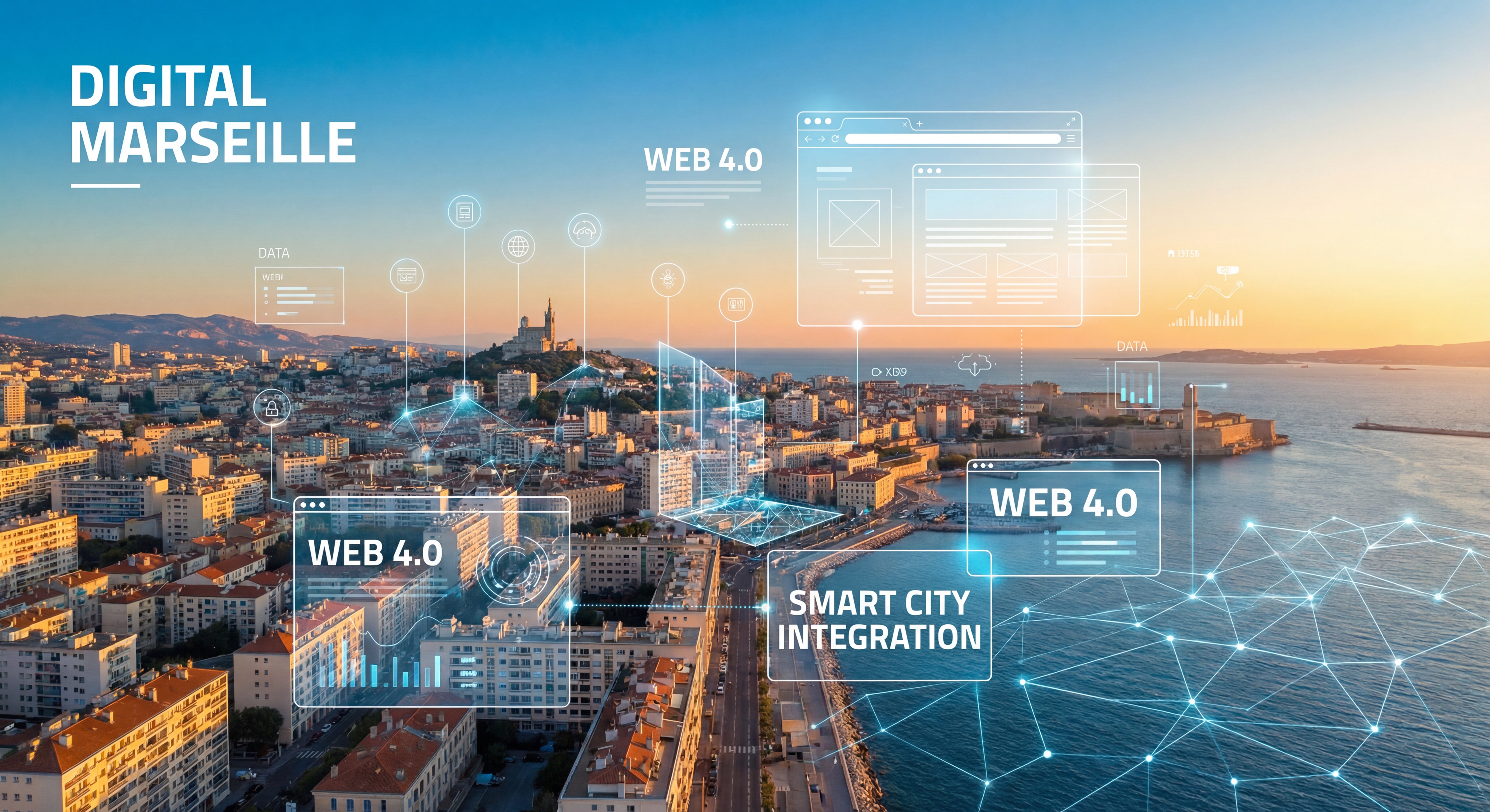 Vue panoramique de Marseille avec overlay digital moderne montrant des éléments web et technologiques flottants au-dessus de la ville