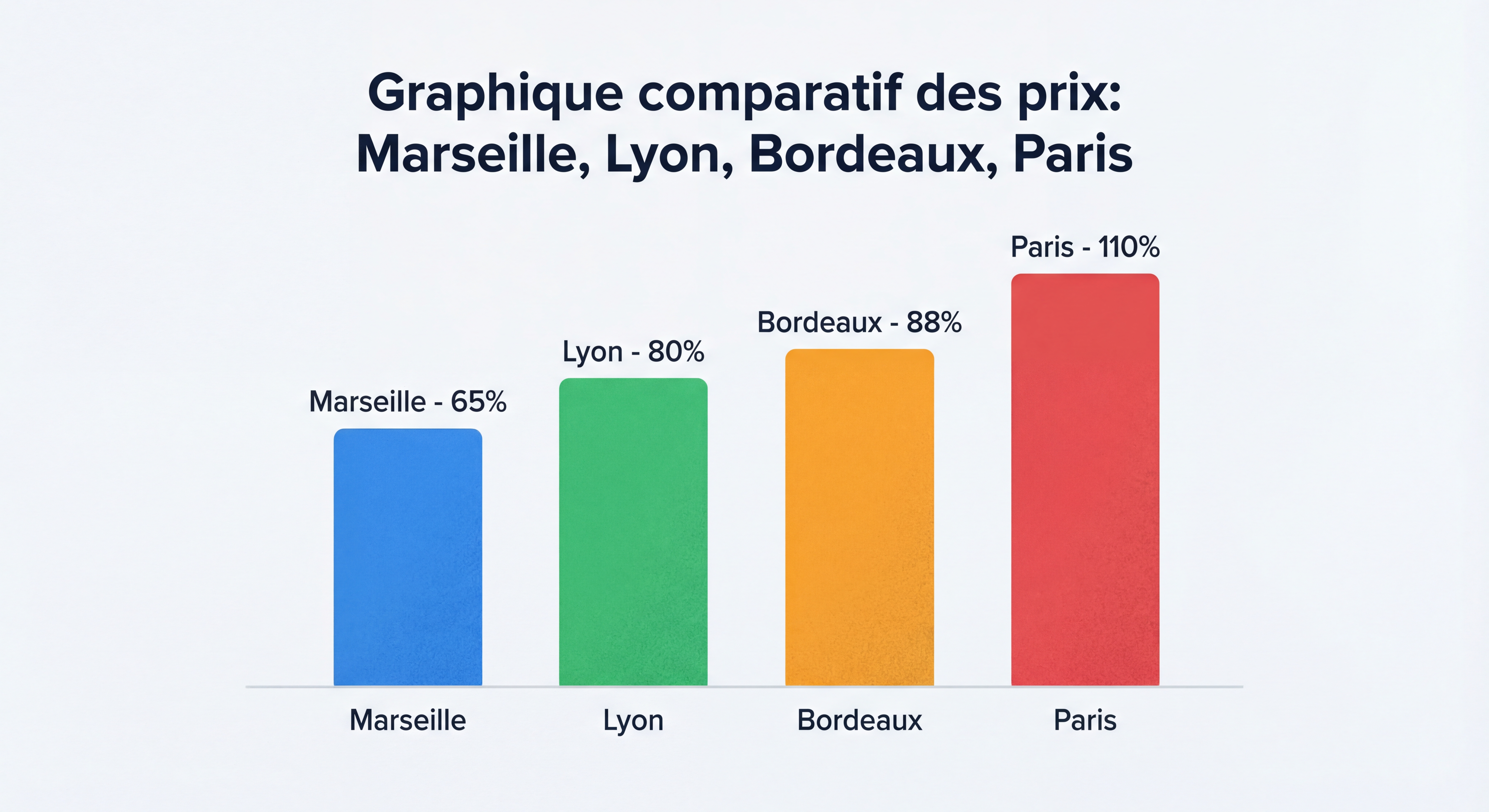 Graphique comparatif des prix entre Marseille, Lyon, Bordeaux et Paris avec barres colorées et pourcentages
