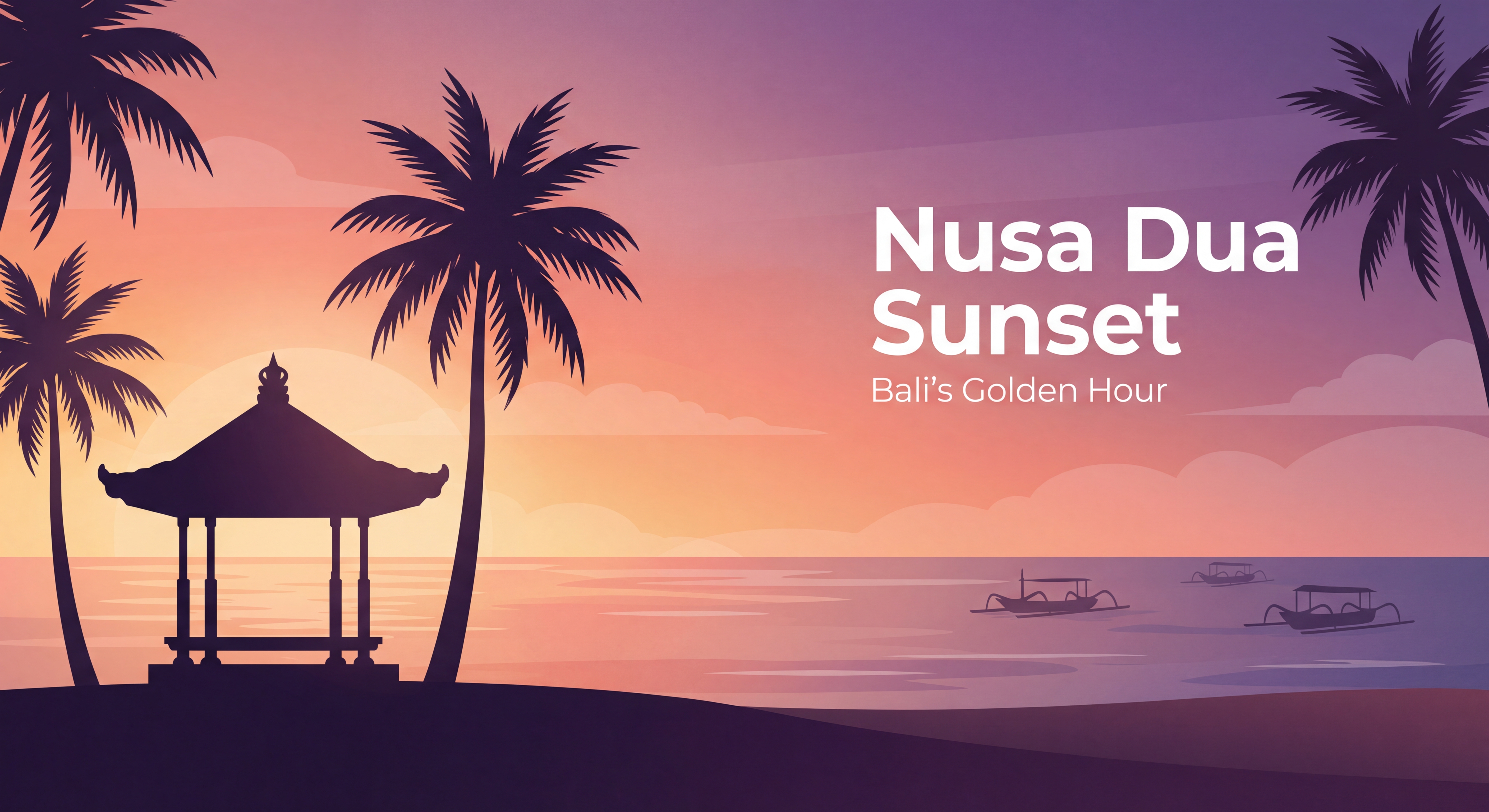 Plage de Nusa Dua au coucher du soleil avec des palmiers et un ciel orange-rose