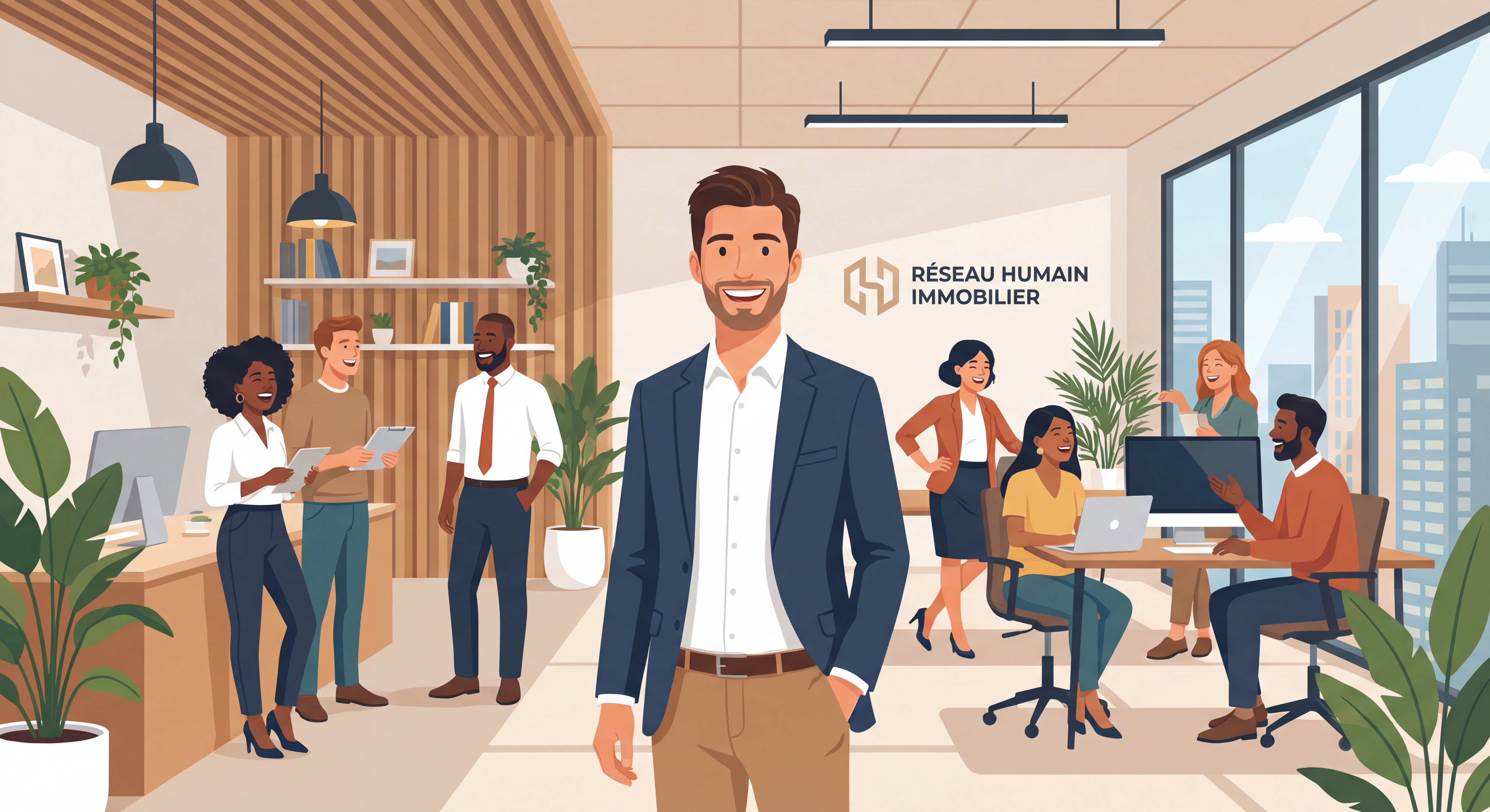 Mandataire immobilier souriant dans un bureau moderne, entouré d'une équipe bienveillante illustrant l'esprit familial d'un réseau humain