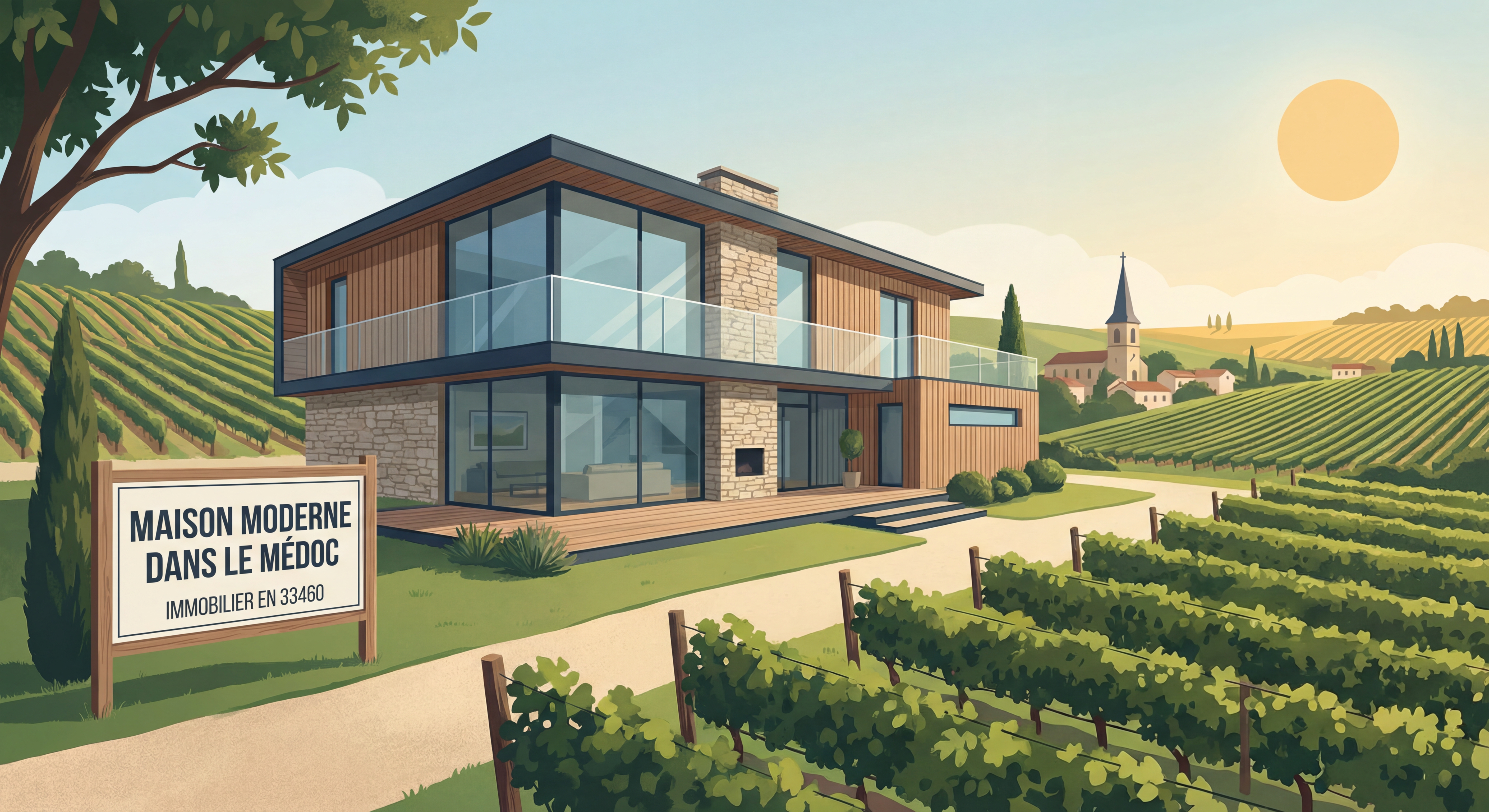 Maison moderne dans le Médoc avec vignobles en arrière-plan, illustrant l'immobilier dans le 33460