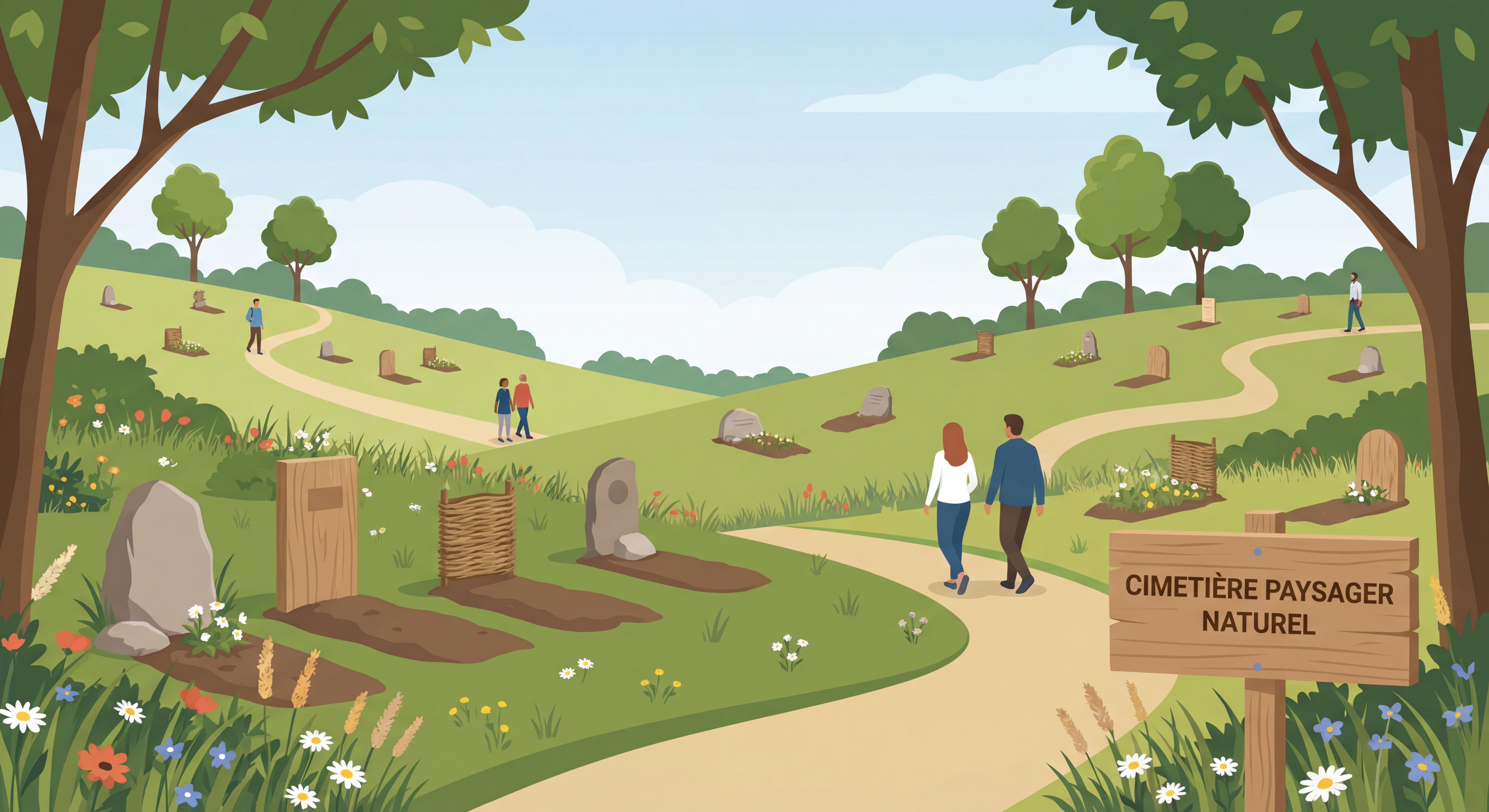 Cimetière paysager naturel avec sépultures écologiques et végétation