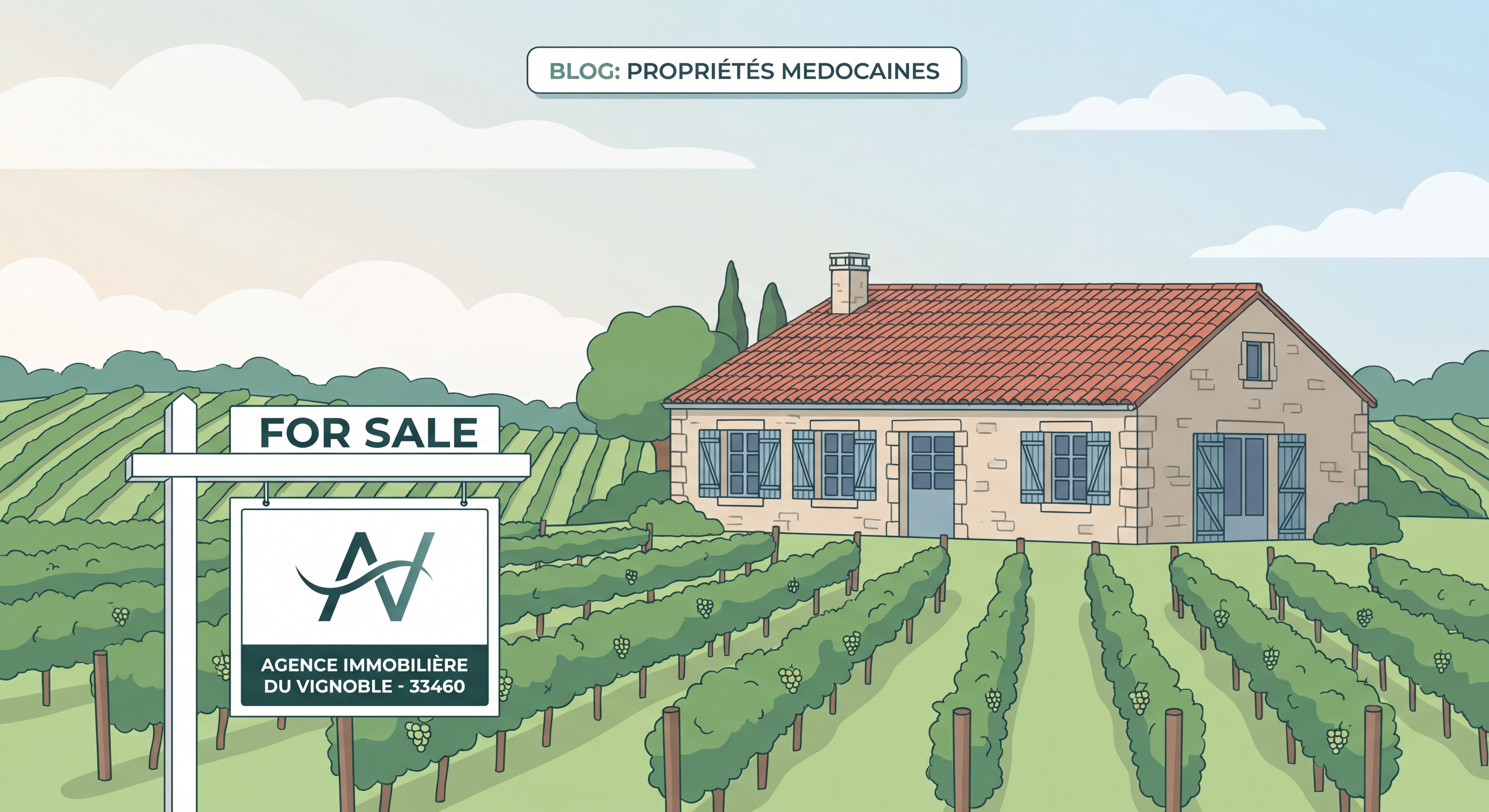 Maison traditionnelle médocaine à vendre avec panneau agence immobilière dans le vignoble du 33460
