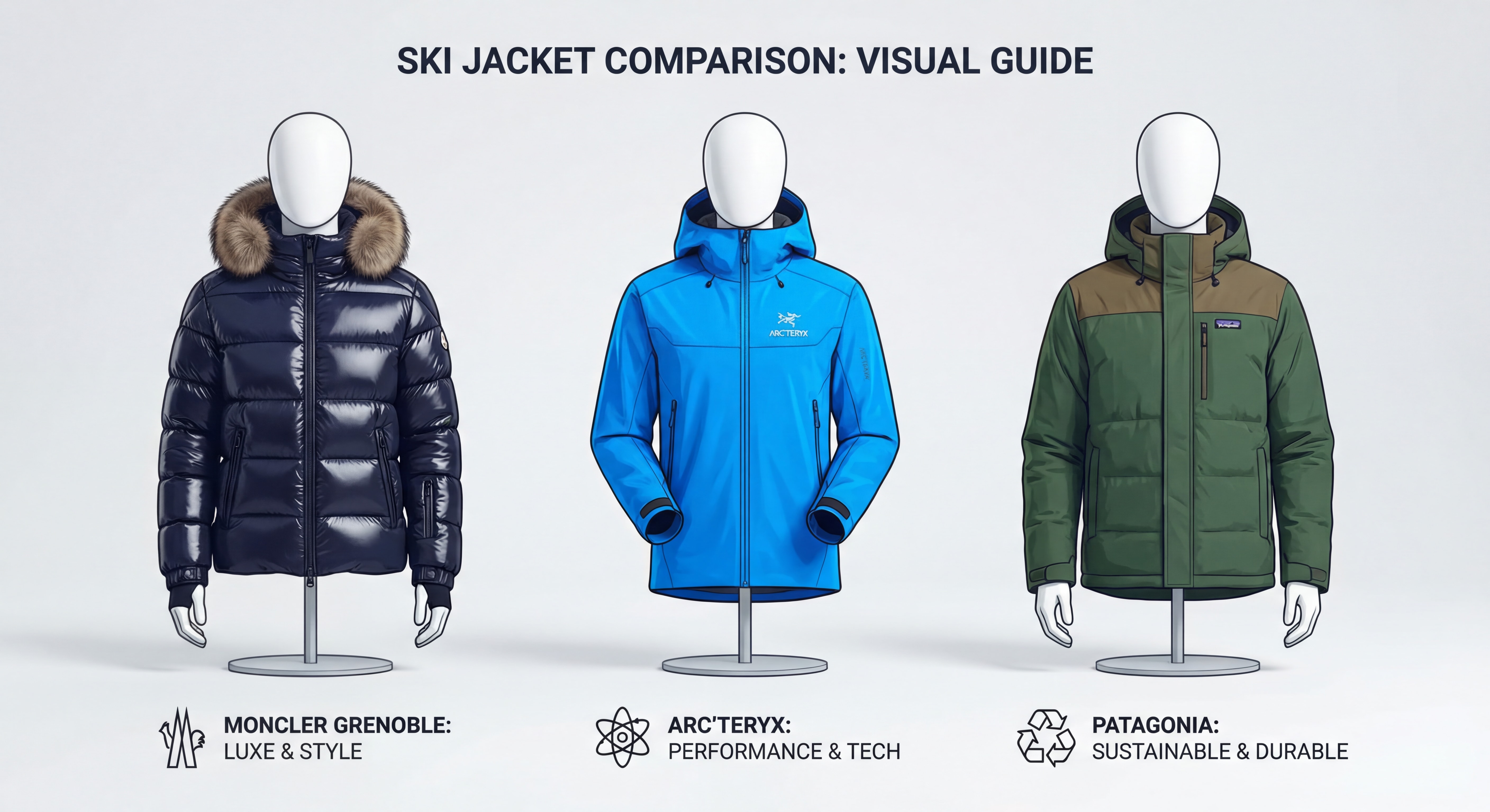 Comparaison visuelle côte à côte de trois vestes de ski : Moncler Grenoble, Arc'teryx et Patagonia sur mannequins