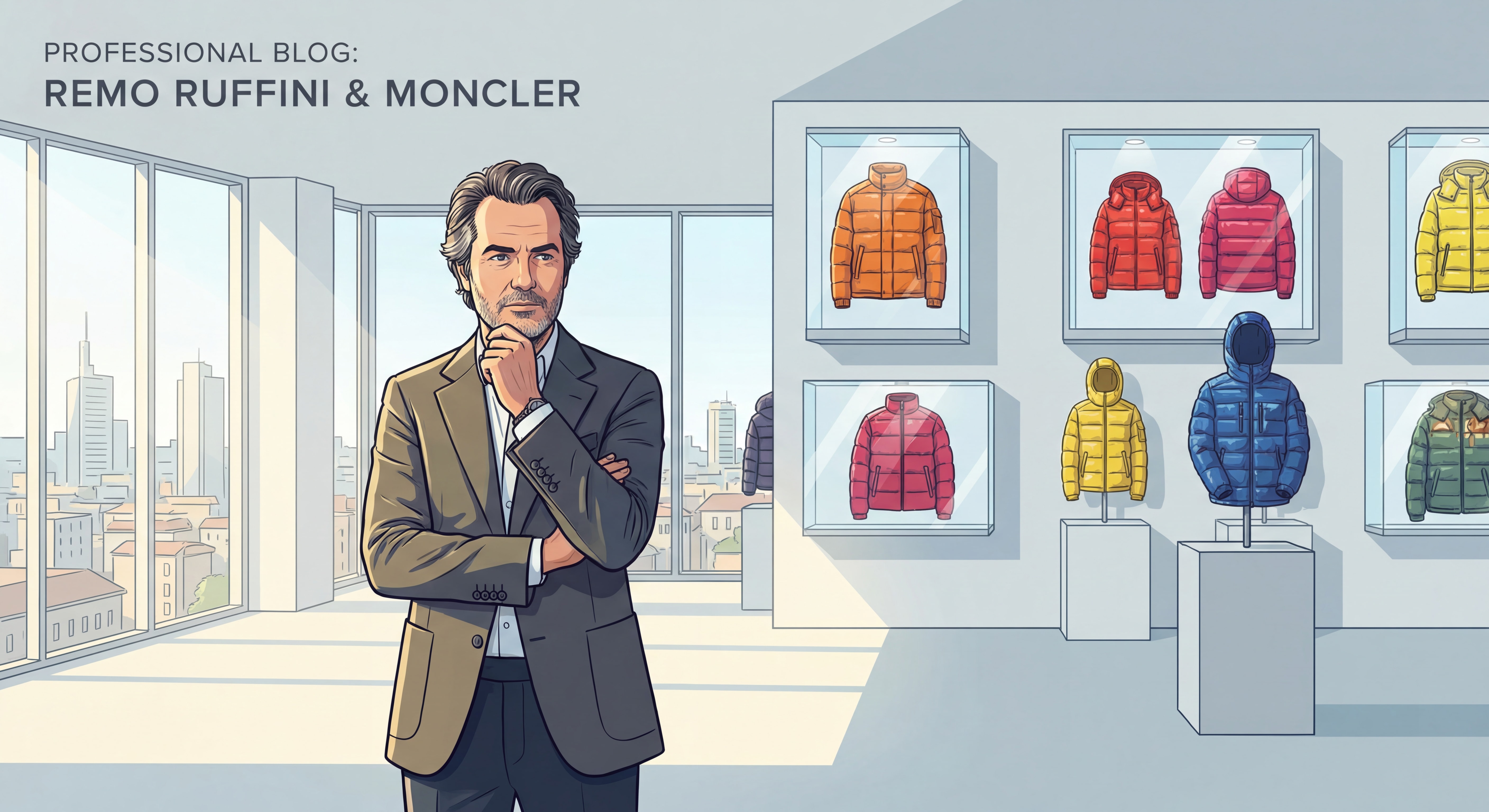 Portrait de Remo Ruffini dans les bureaux milanais de Moncler avec vue sur les doudounes iconiques exposées comme des œuvres d'art