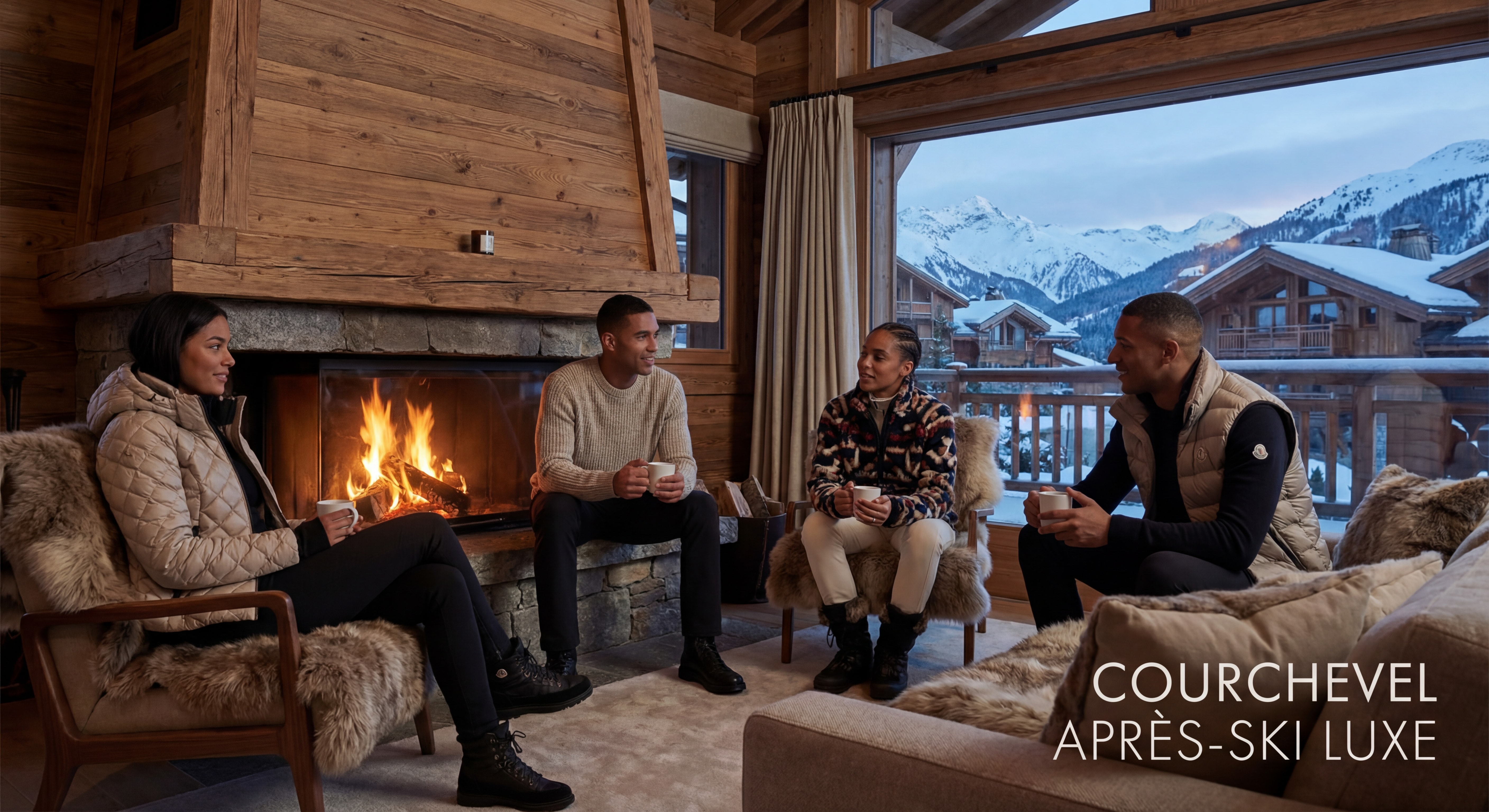 Ambiance après-ski luxe dans un chalet de Courchevel avec groupe portant différentes pièces Moncler Grenoble autour d'une cheminée