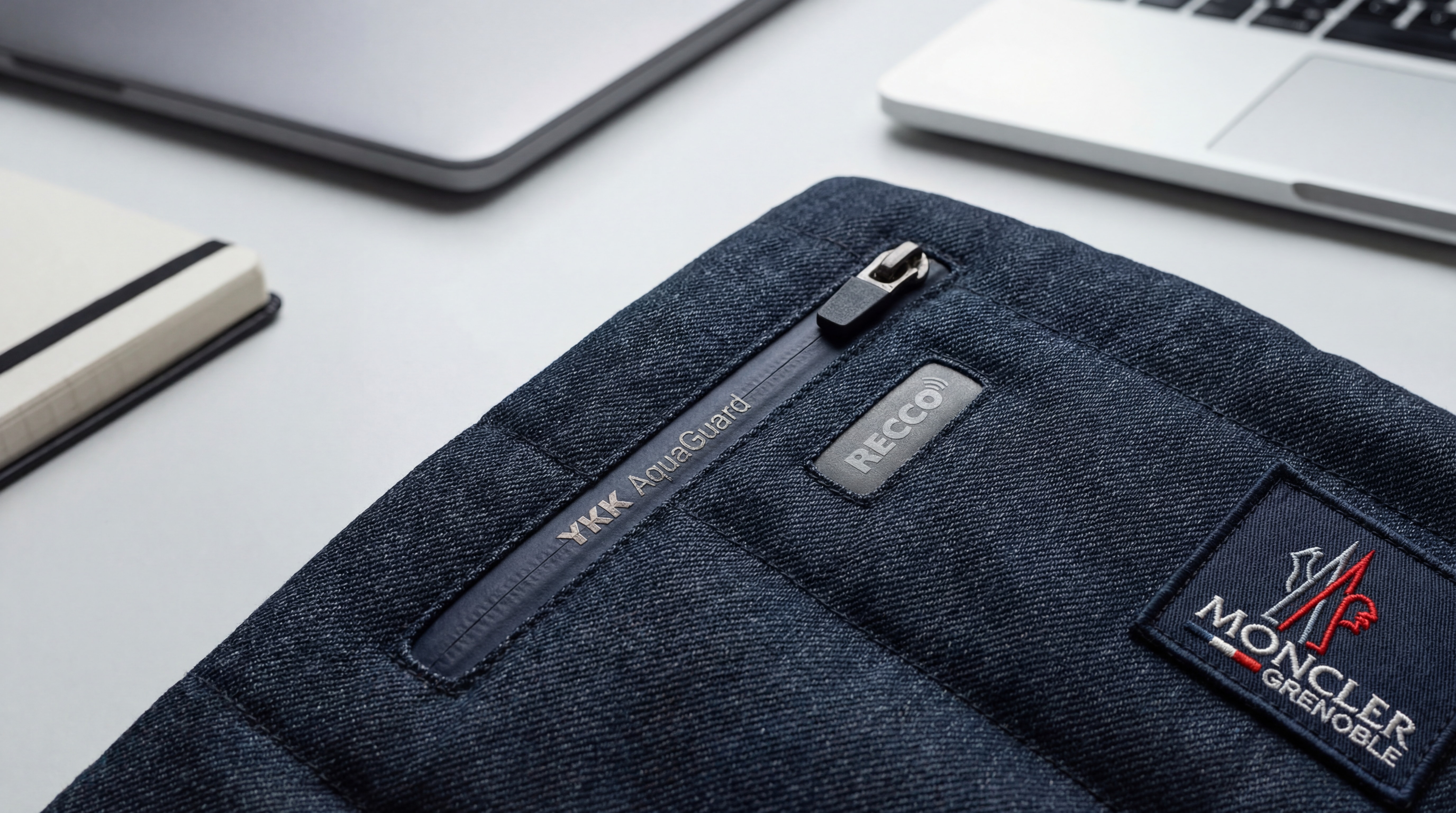 Gros plan sur texture denim technique Moncler Grenoble avec détails YKK AquaGuard et réflecteurs RECCO visibles