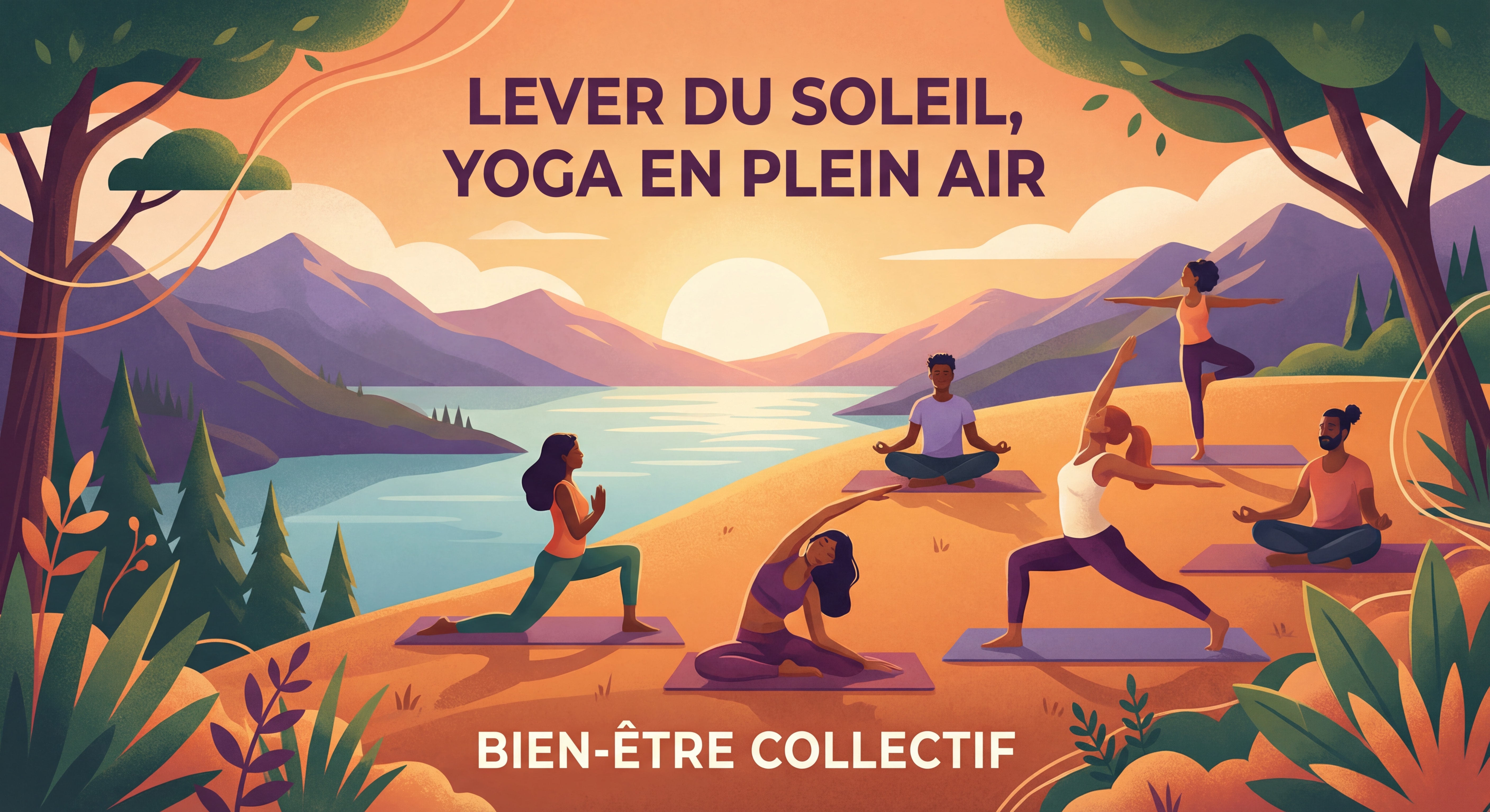 Groupe de personnes pratiquant le yoga en extérieur au lever du soleil pour une gestion du stress efficace