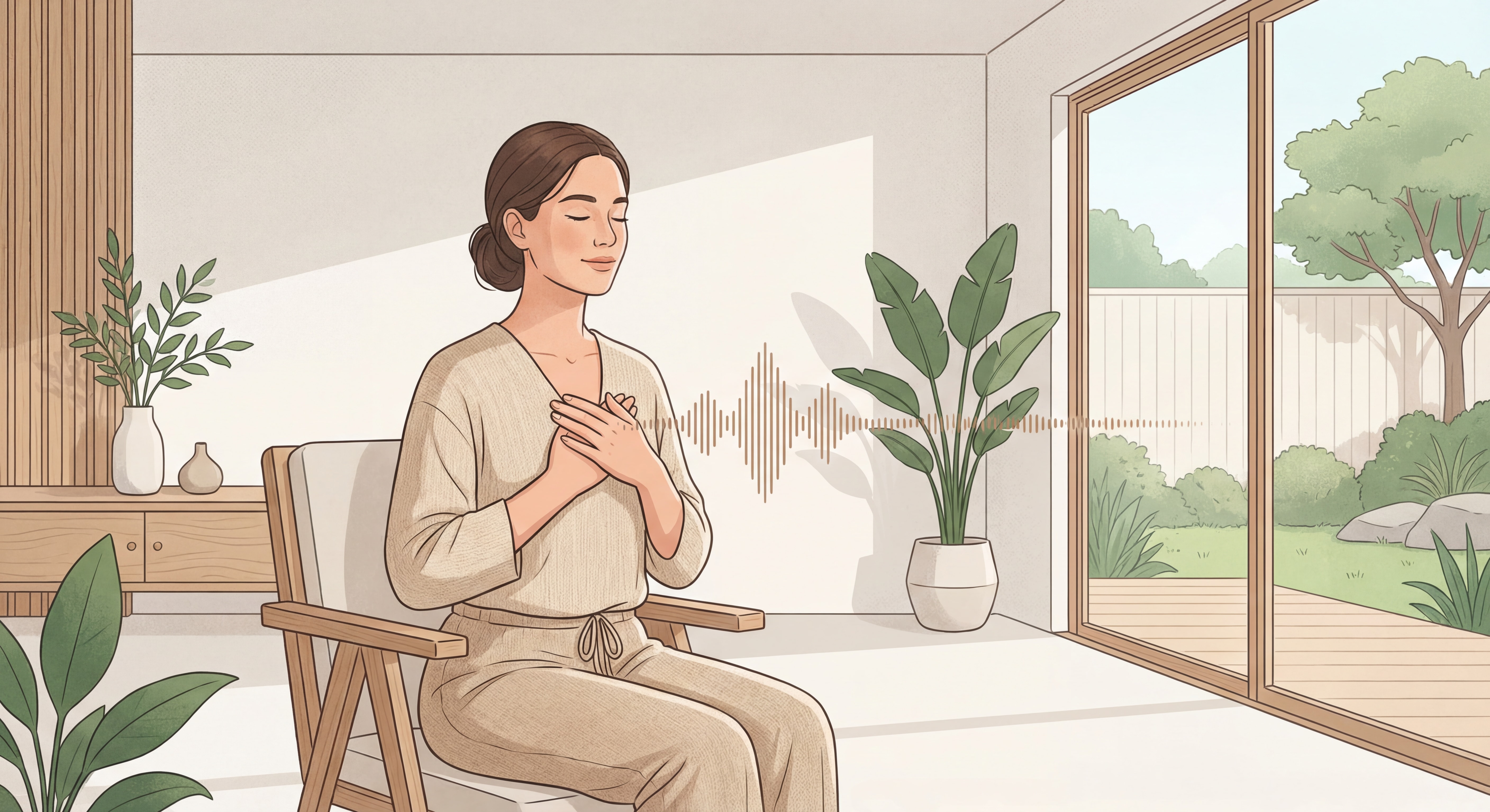 Femme pratiquant la cohérence cardiaque avec les mains sur le cœur dans un environnement calme pour la gestion efficace du stress