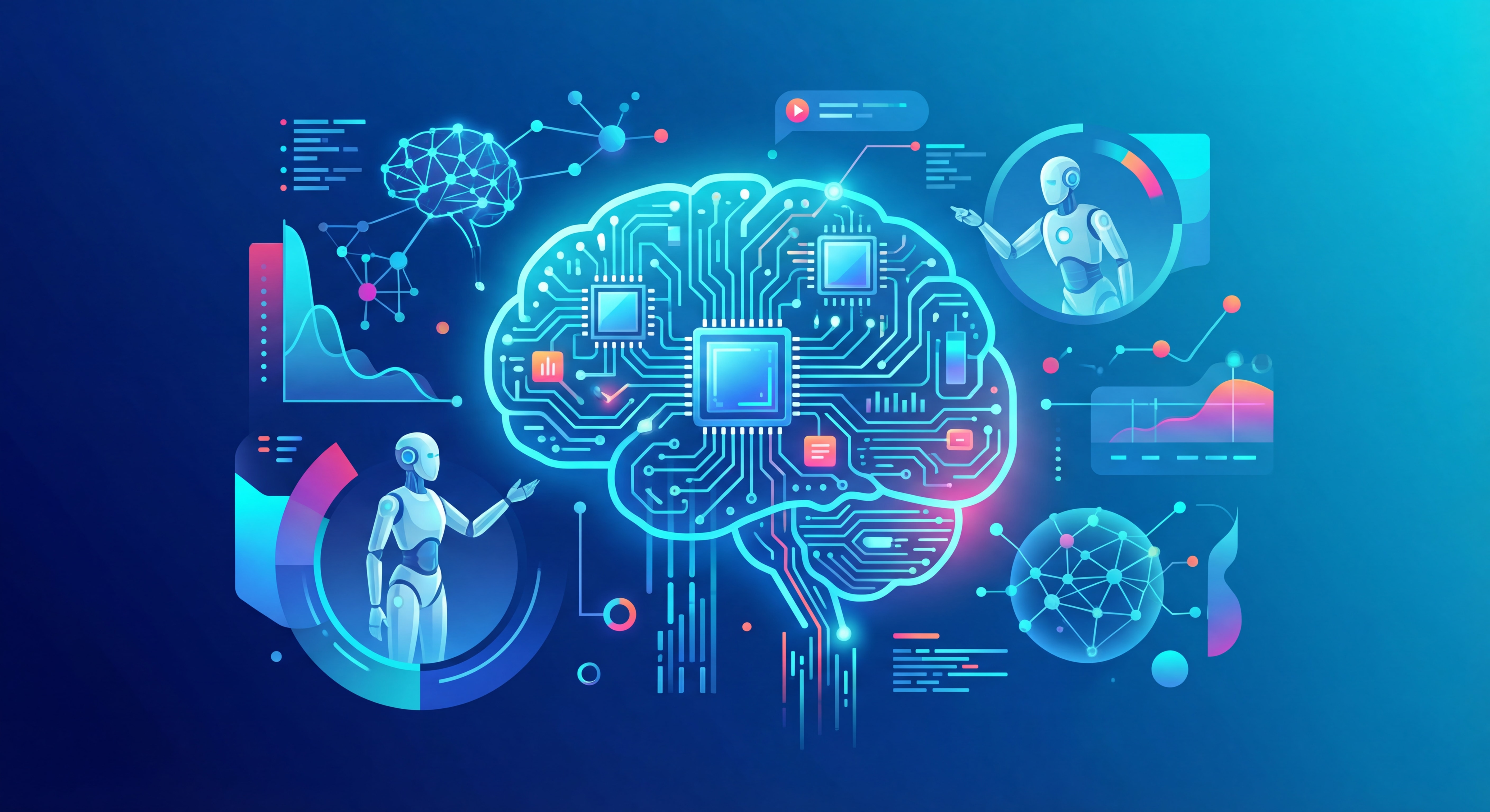 Illustration moderne représentant l'intelligence artificielle avec des circuits numériques et des éléments futuristes