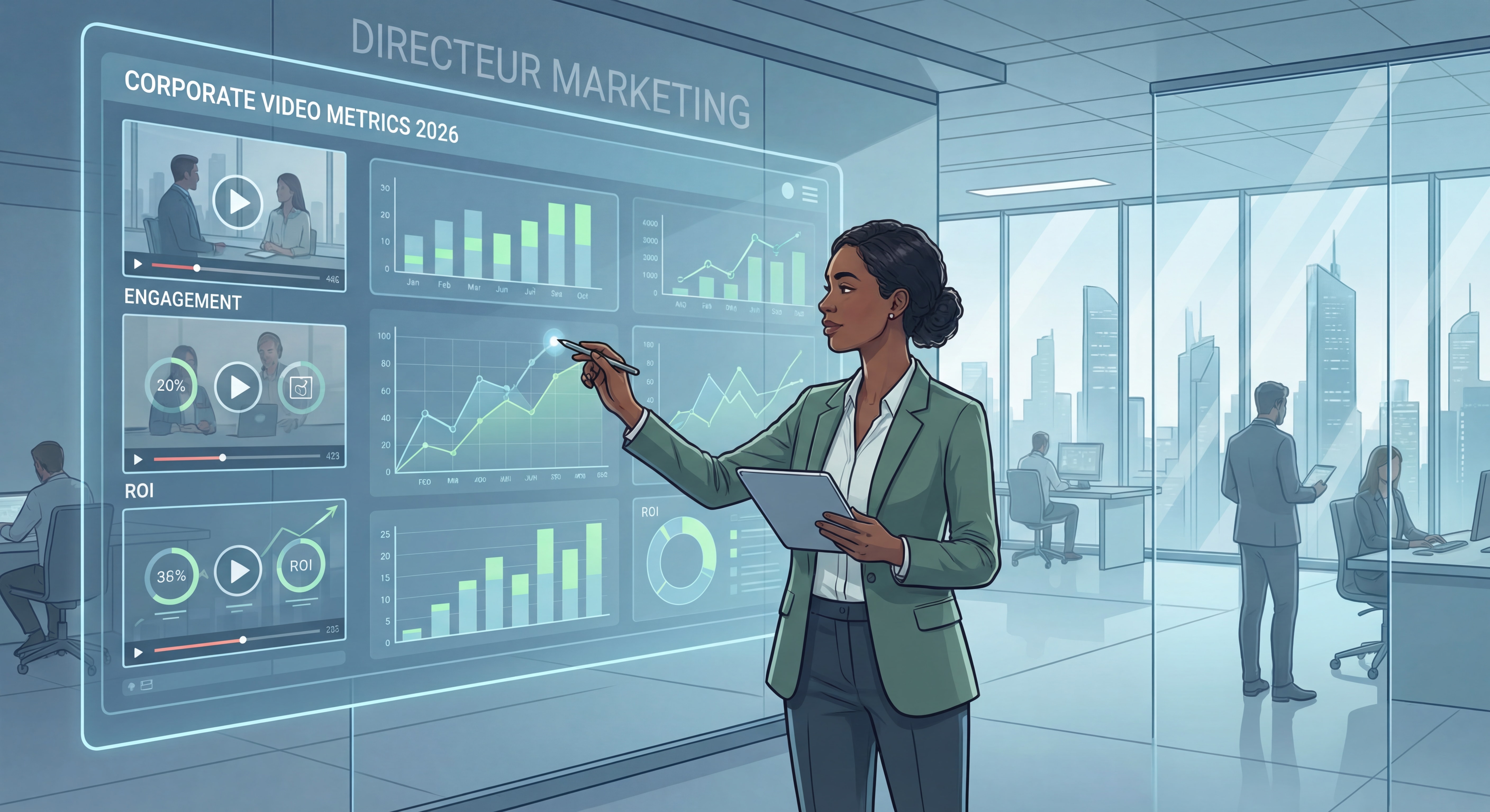 Directeur marketing analysant des métriques de performance vidéo corporate sur écran interactif en 2026