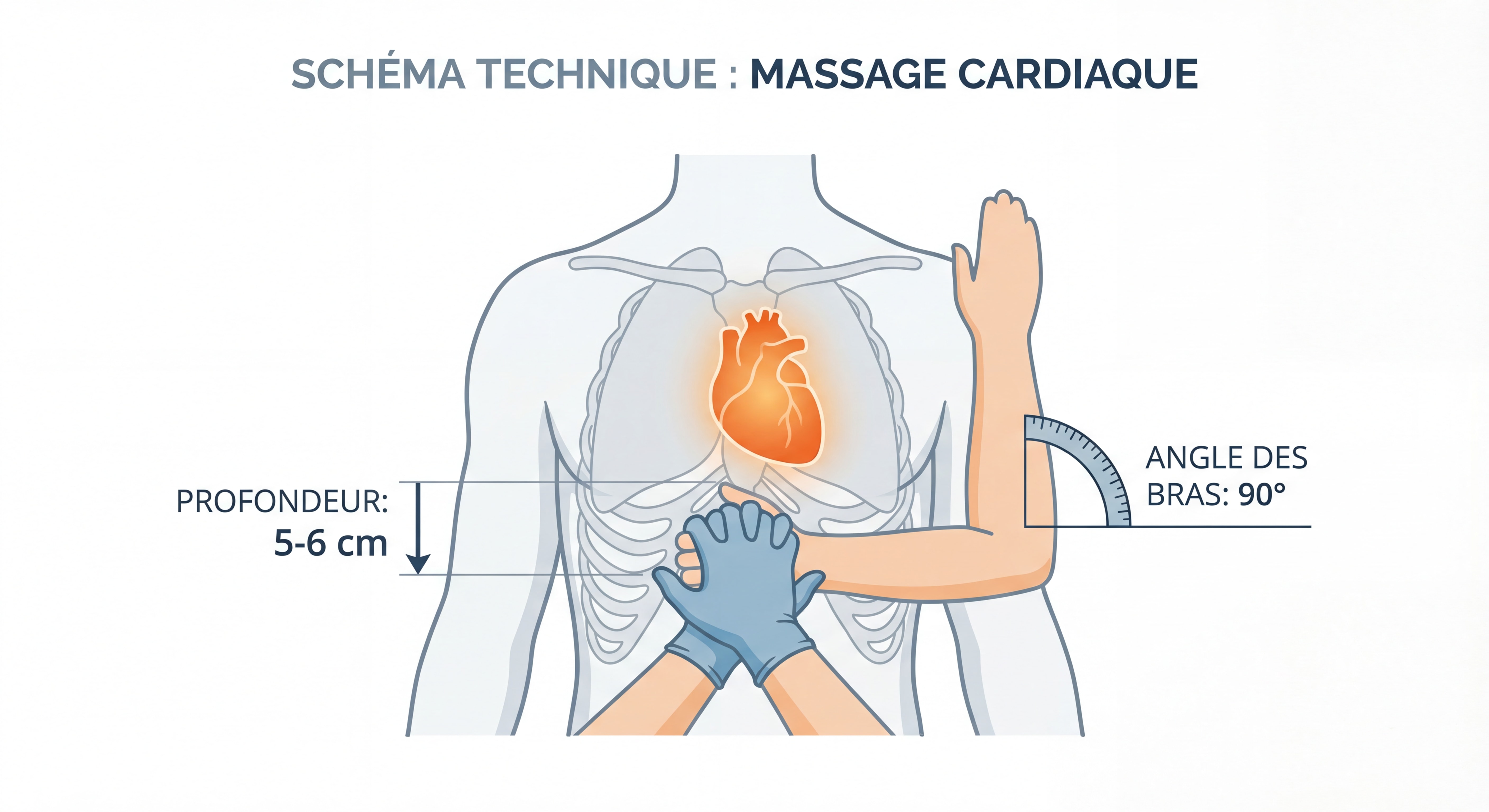Schéma technique anatomique montrant la position correcte des mains pour le massage cardiaque avec indication de la profondeur 5-6 cm et angle des bras