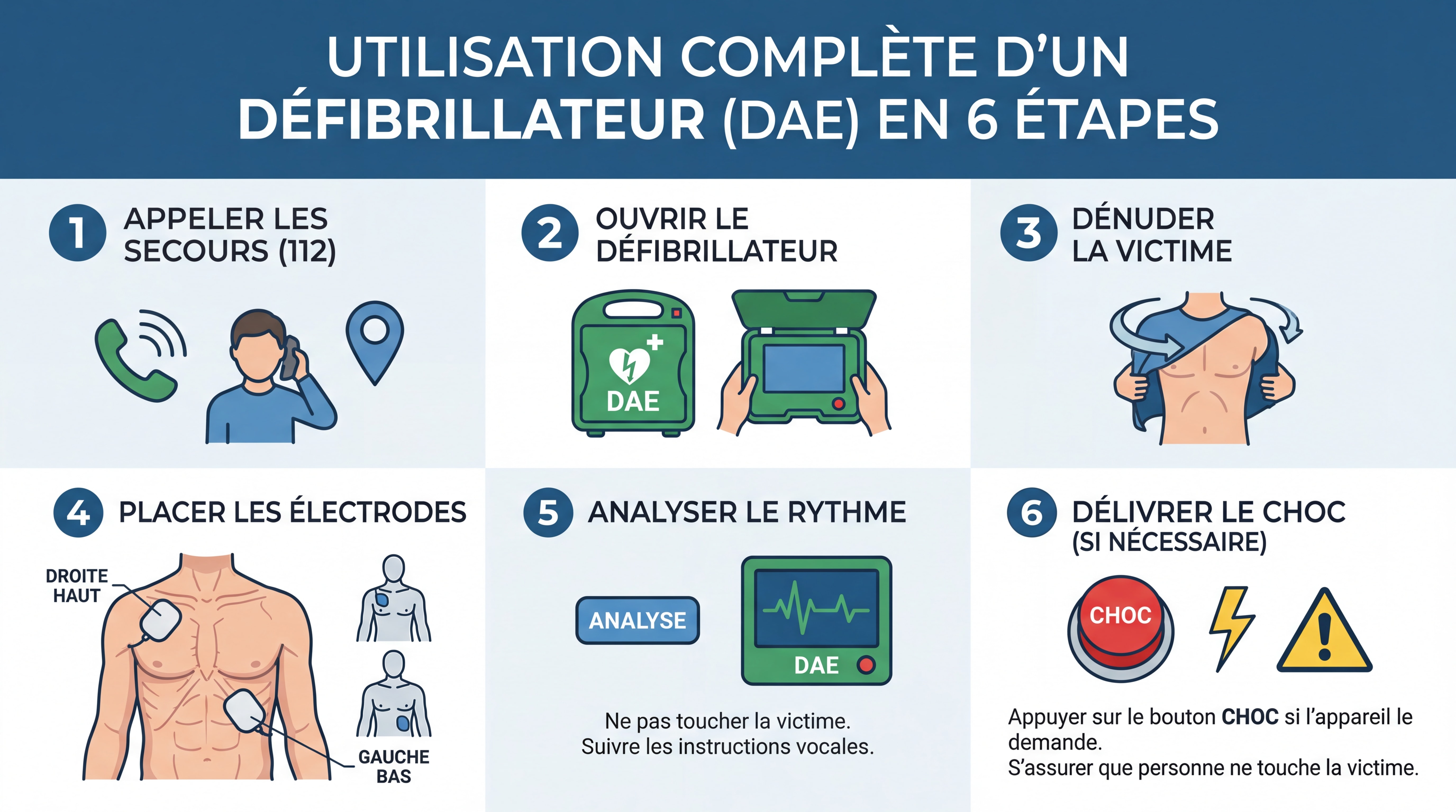 Infographie illustrée en 6 étapes montrant l'utilisation complète d'un défibrillateur avec pictogrammes et placement précis des électrodes sur un schéma corporel