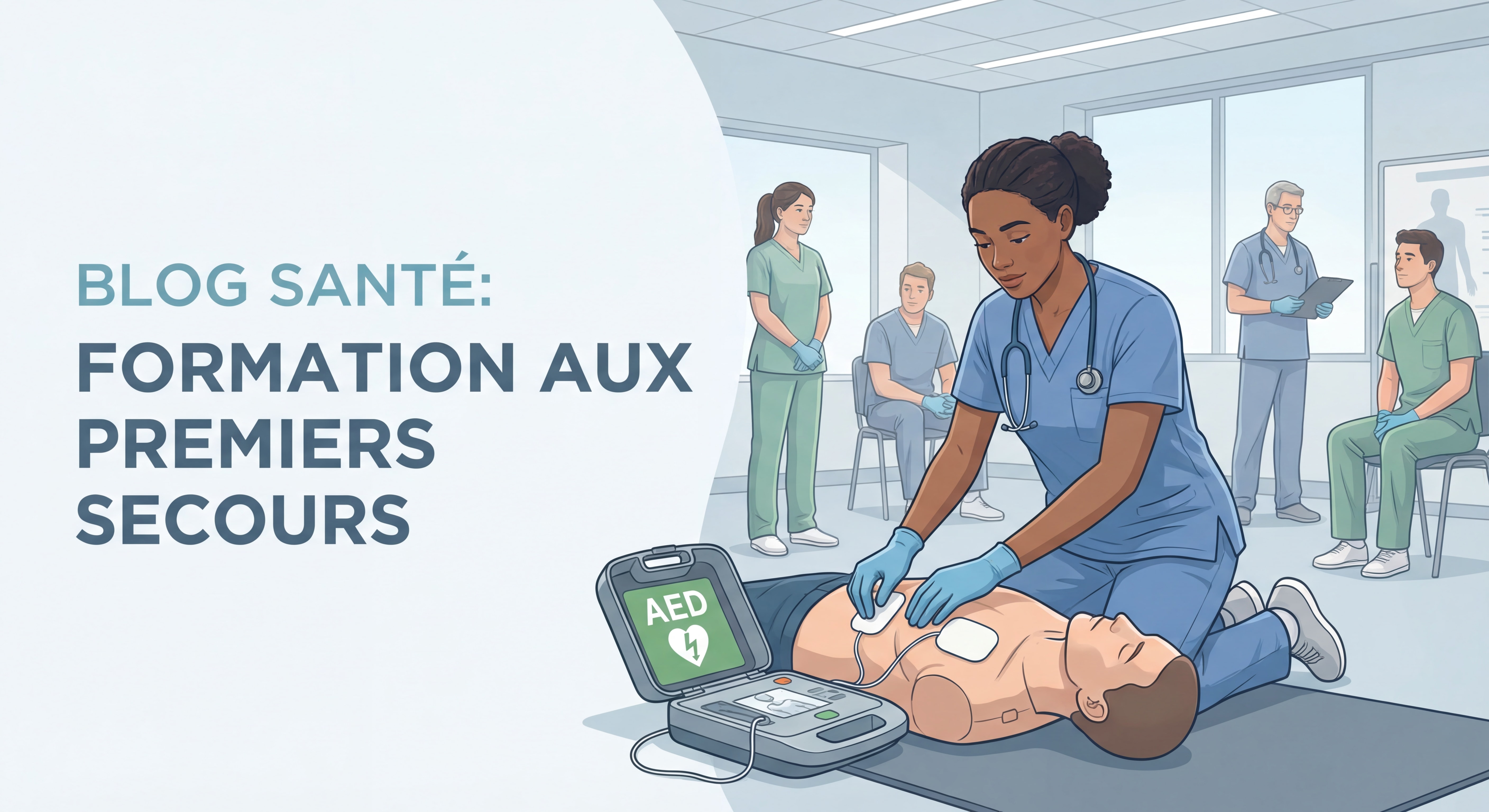 Professionnel de santé utilisant un défibrillateur automatique externe lors d'une intervention d'urgence sur un mannequin de formation