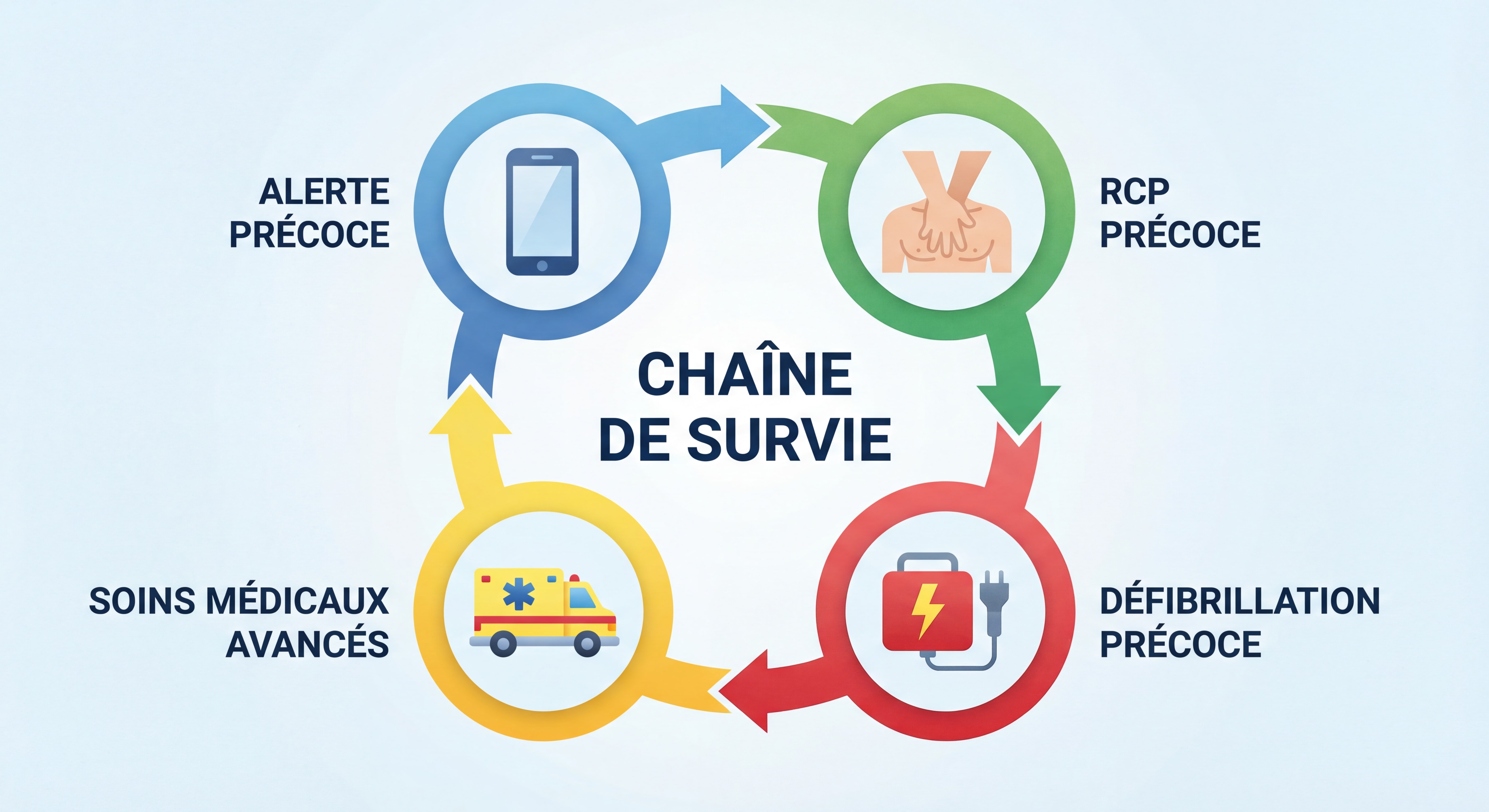 Schéma en cercle de la chaîne de survie avec 4 maillons illustrés par des pictogrammes - téléphone pour alerte, mains pour RCP, défibrillateur, ambulance SMUR