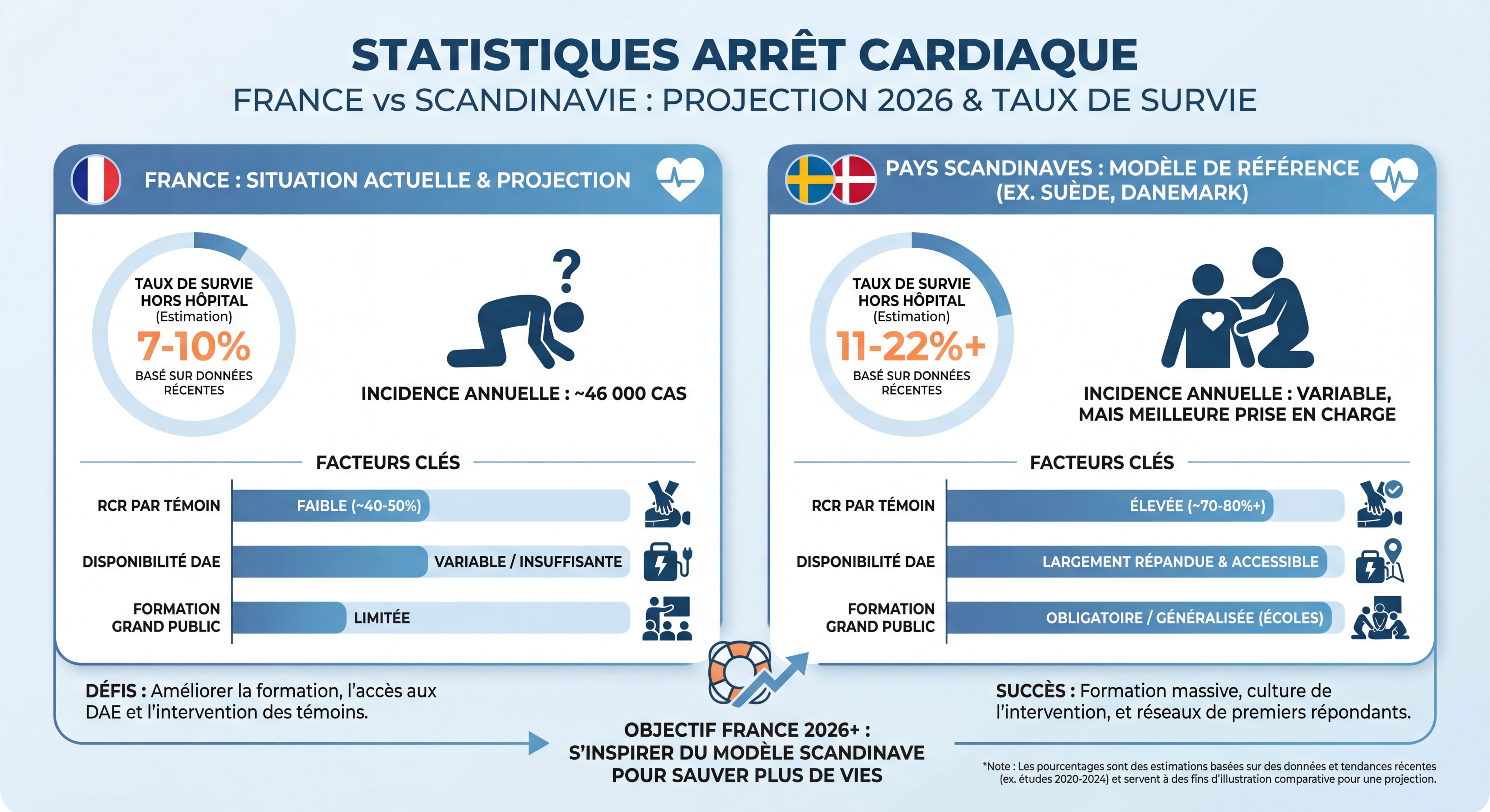 Infographie statistiques arrêt cardiaque en France 2026 - comparaison taux de survie France vs pays scandinaves avec pictogrammes explicatifs