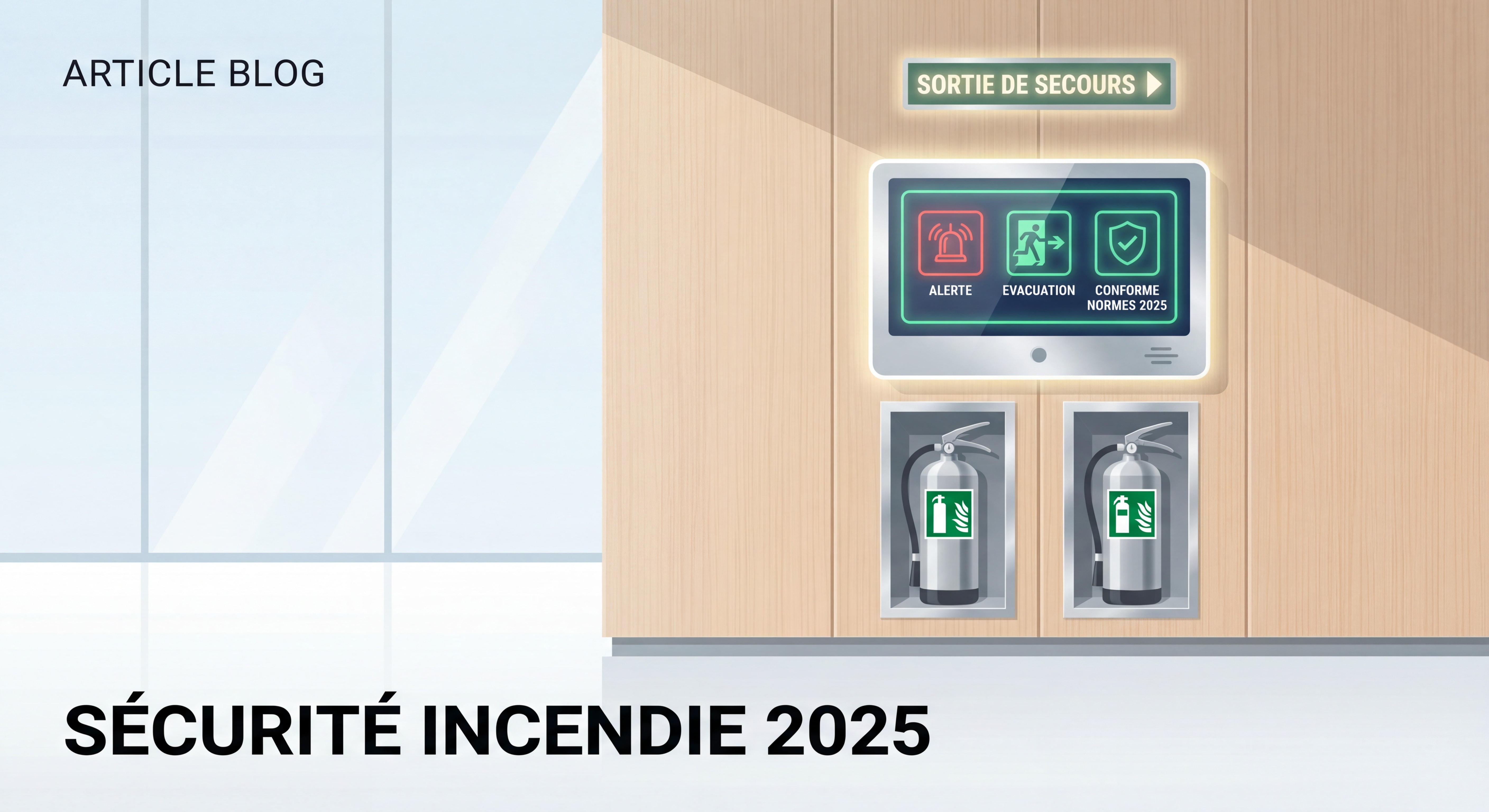 Panneau de sécurité incendie moderne dans un établissement recevant du public avec extincteurs et signalisation conformes aux normes 2025