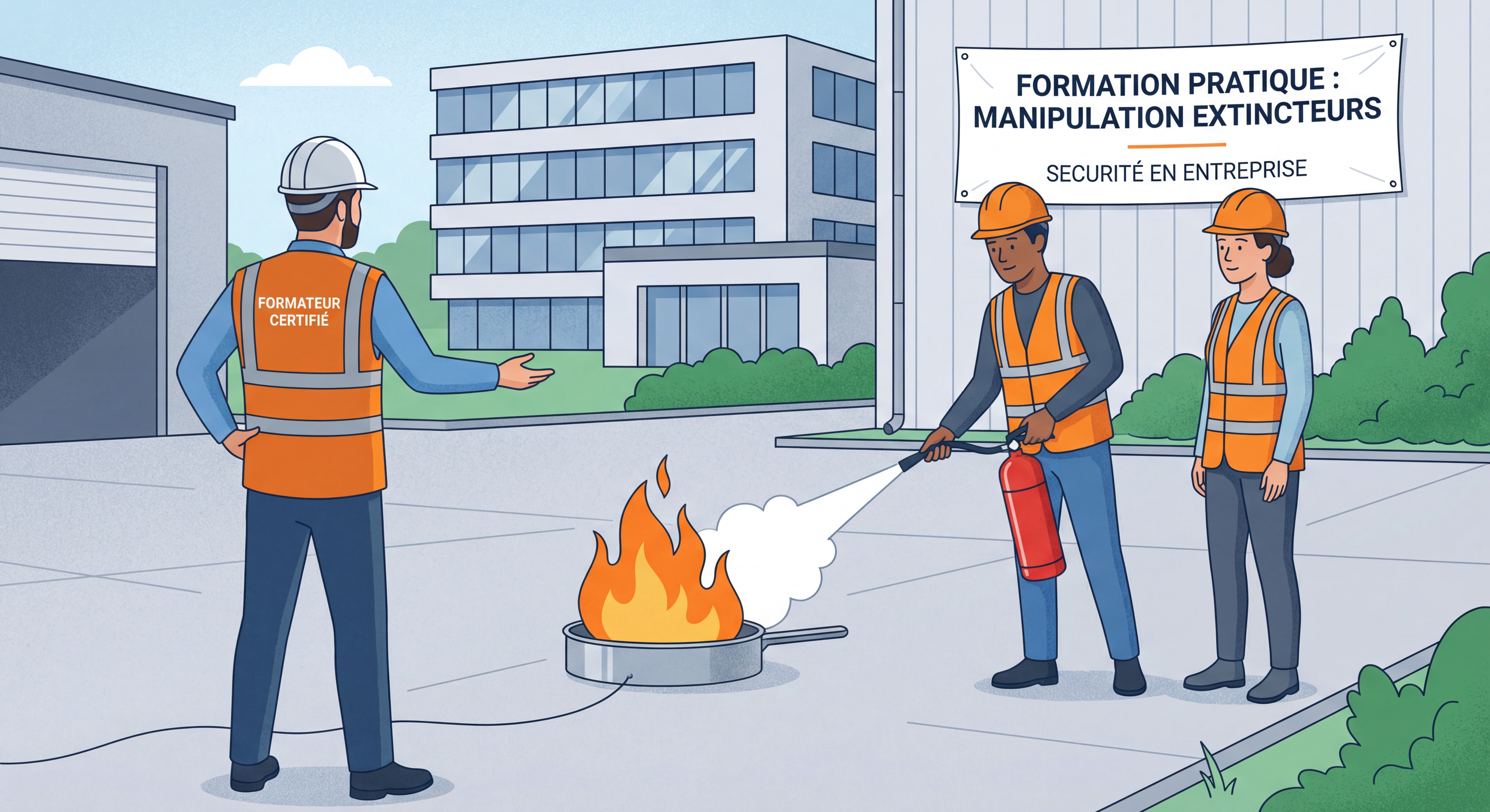 Formation pratique manipulation extincteurs en entreprise avec mise en situation sur feu réel et formateur certifié