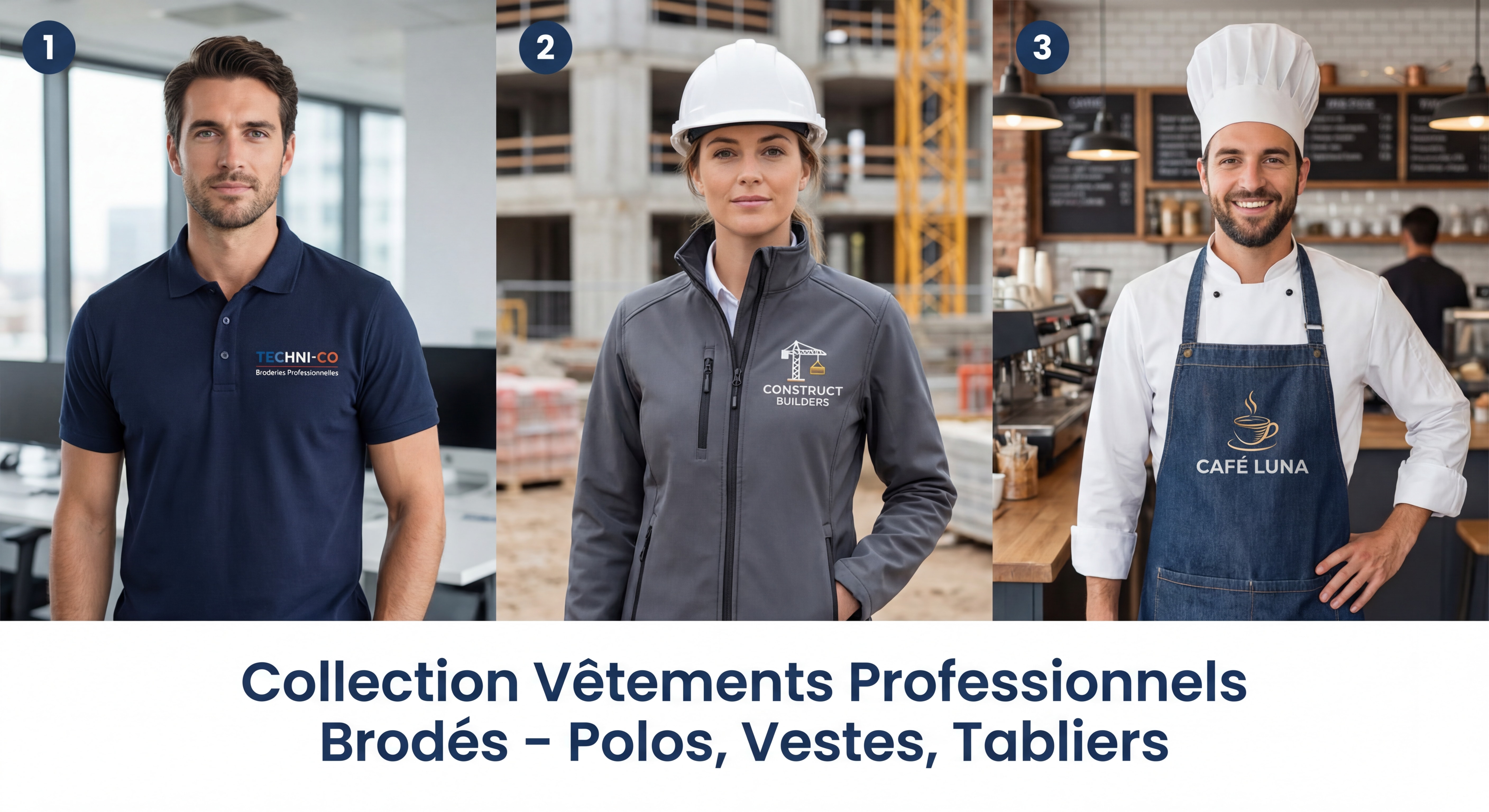 Collection de vêtements professionnels brodés – polos, vestes softshell et tabliers avec logos d’entreprise en situation réelle
